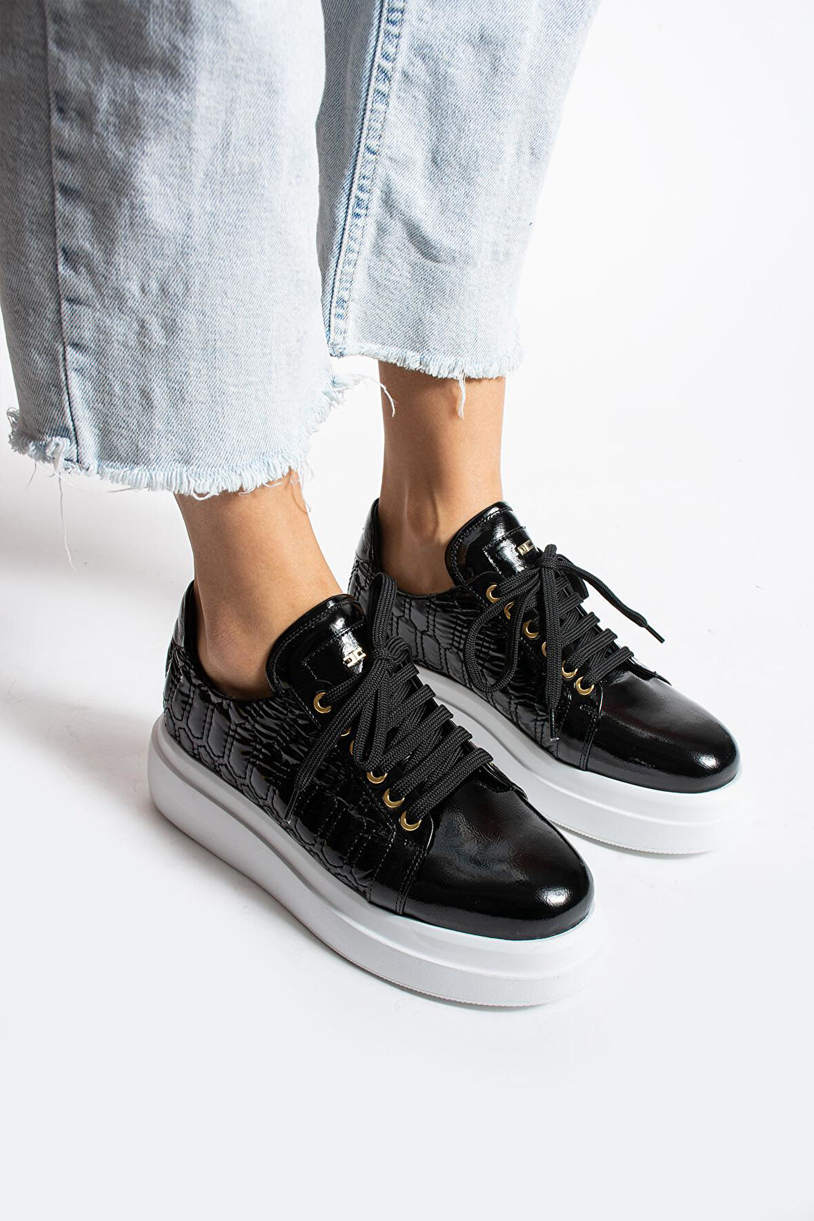 Kadın Deri Sneaker Siyah Rugan