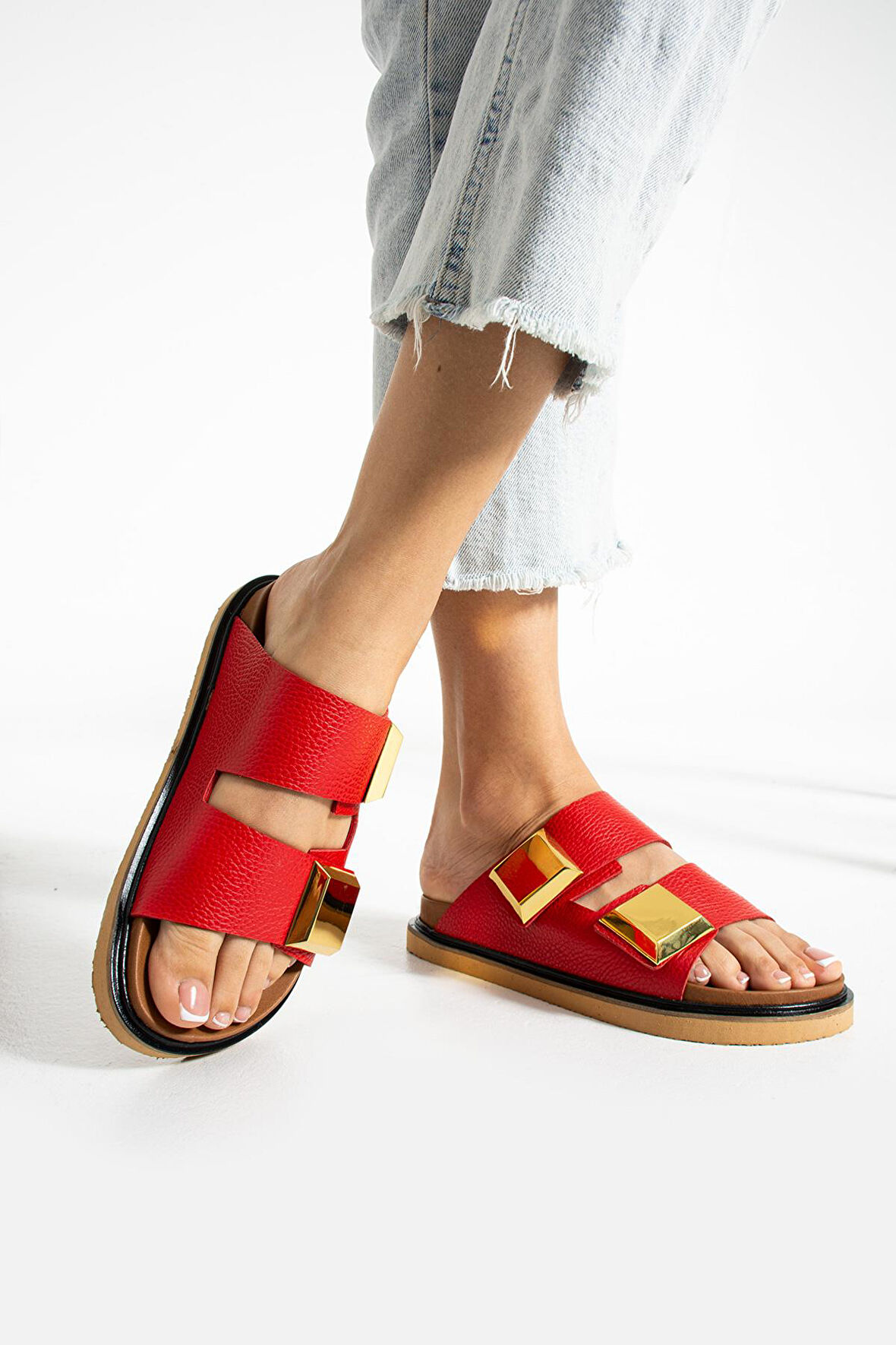 Kadın Hakiki Deri Terlik Kırmızı