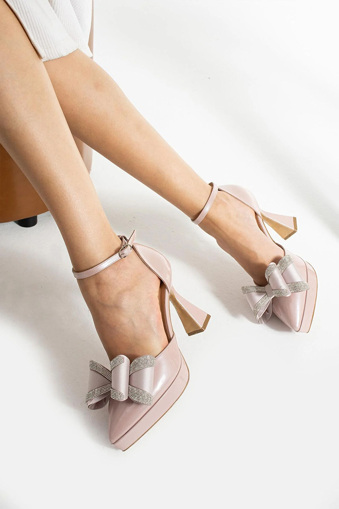 Kadın Hakiki Deri Platform Topuklu Ayakkabı Pudra