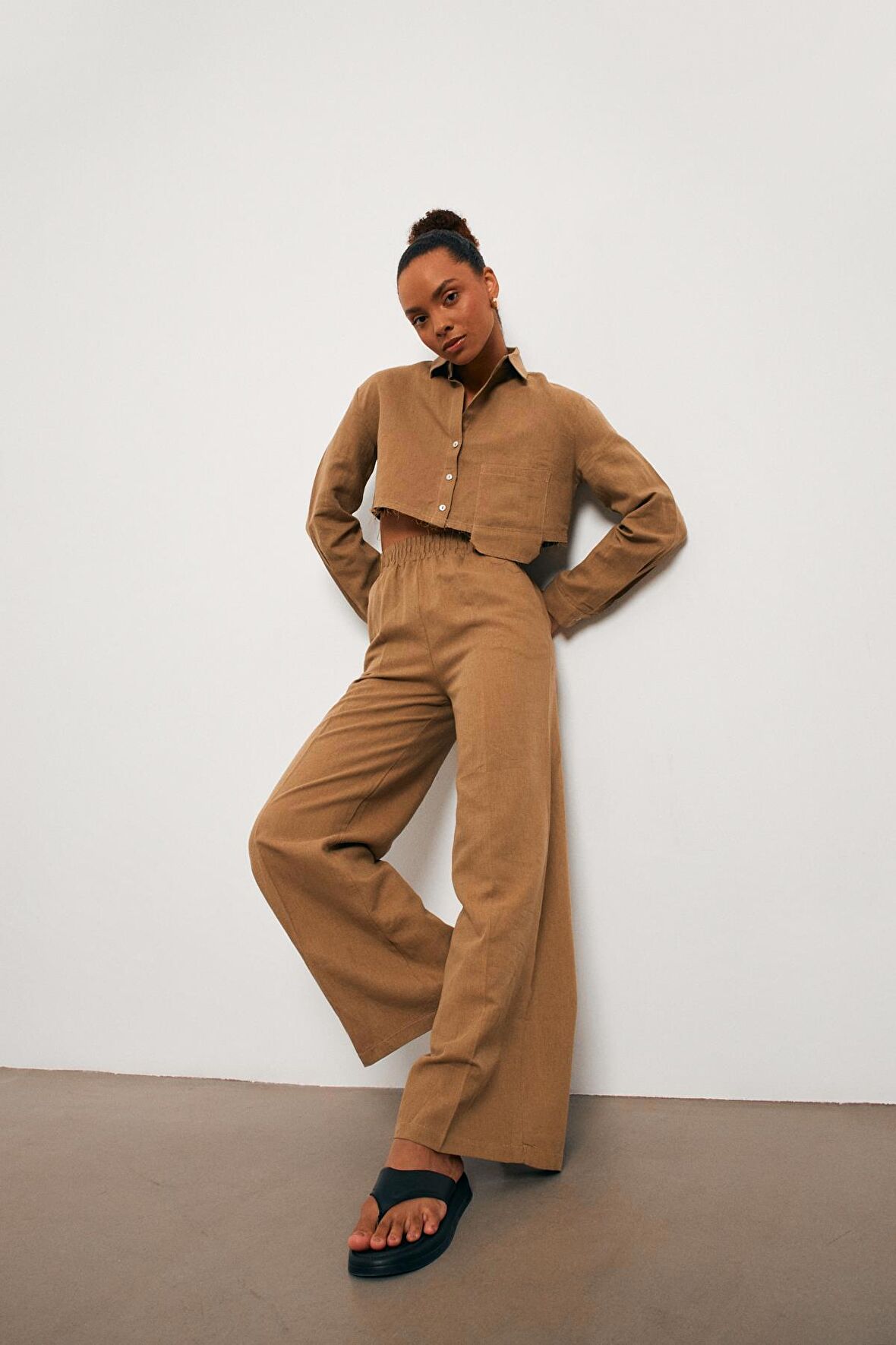 Keten Crop Kahve Kadın Gömlek