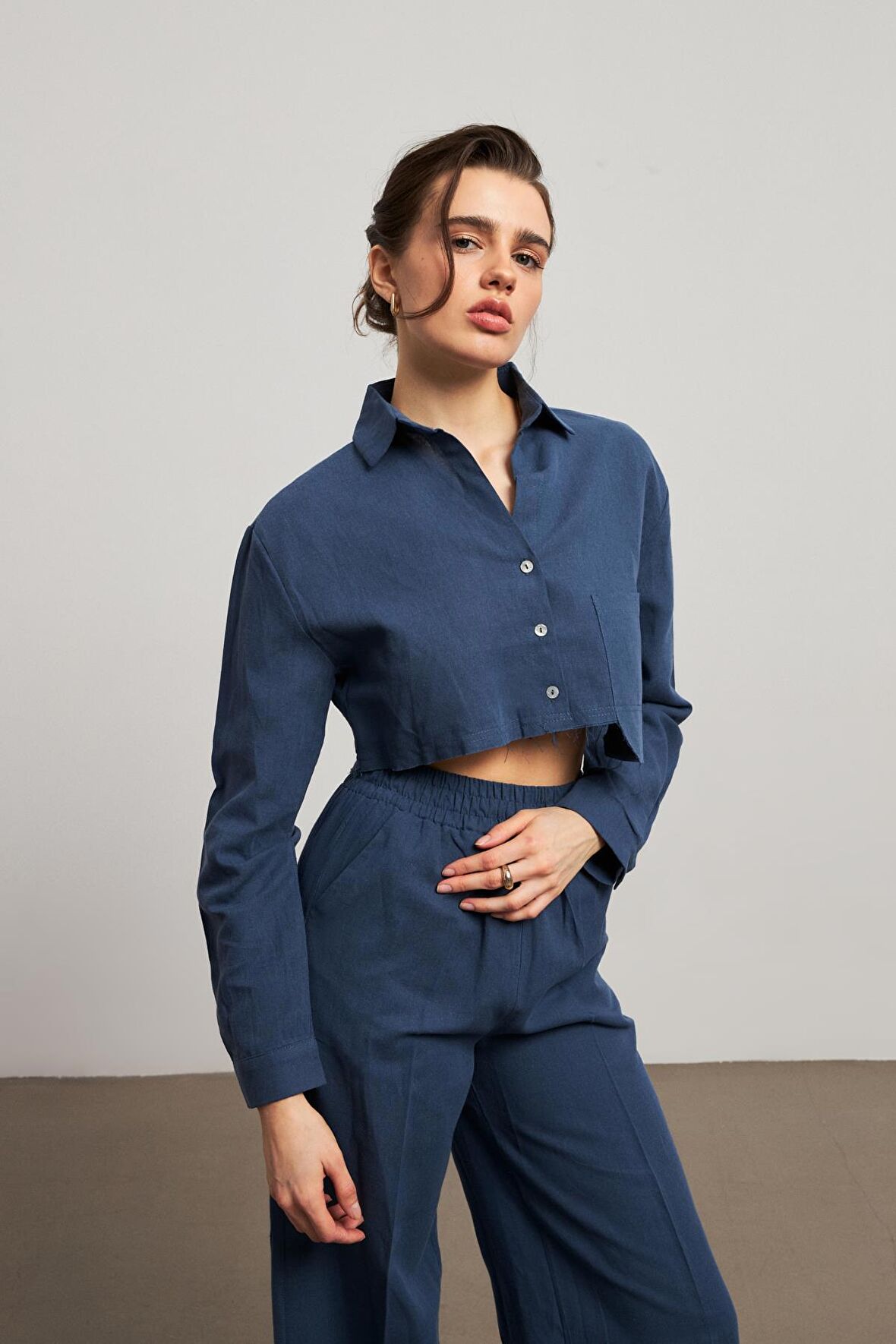 Keten Crop İndigo Kadın Gömlek