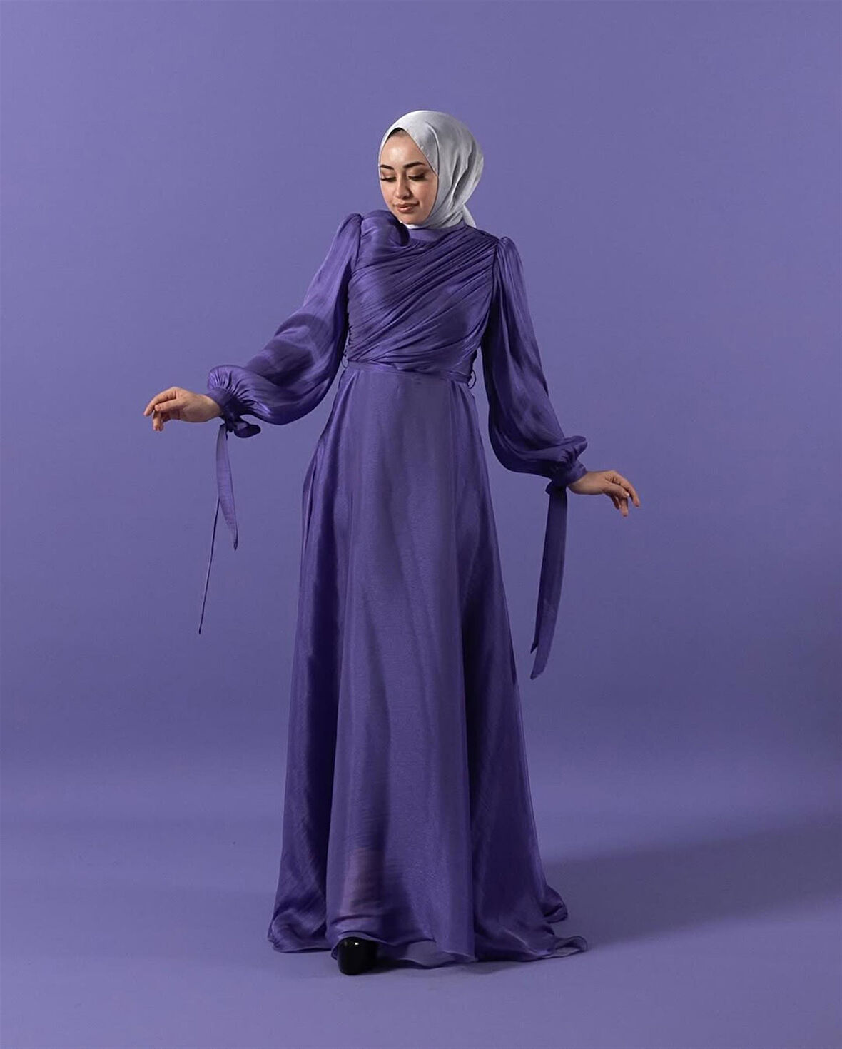 3023 Kuşaklı Gögüs Drape Şifon Elbise