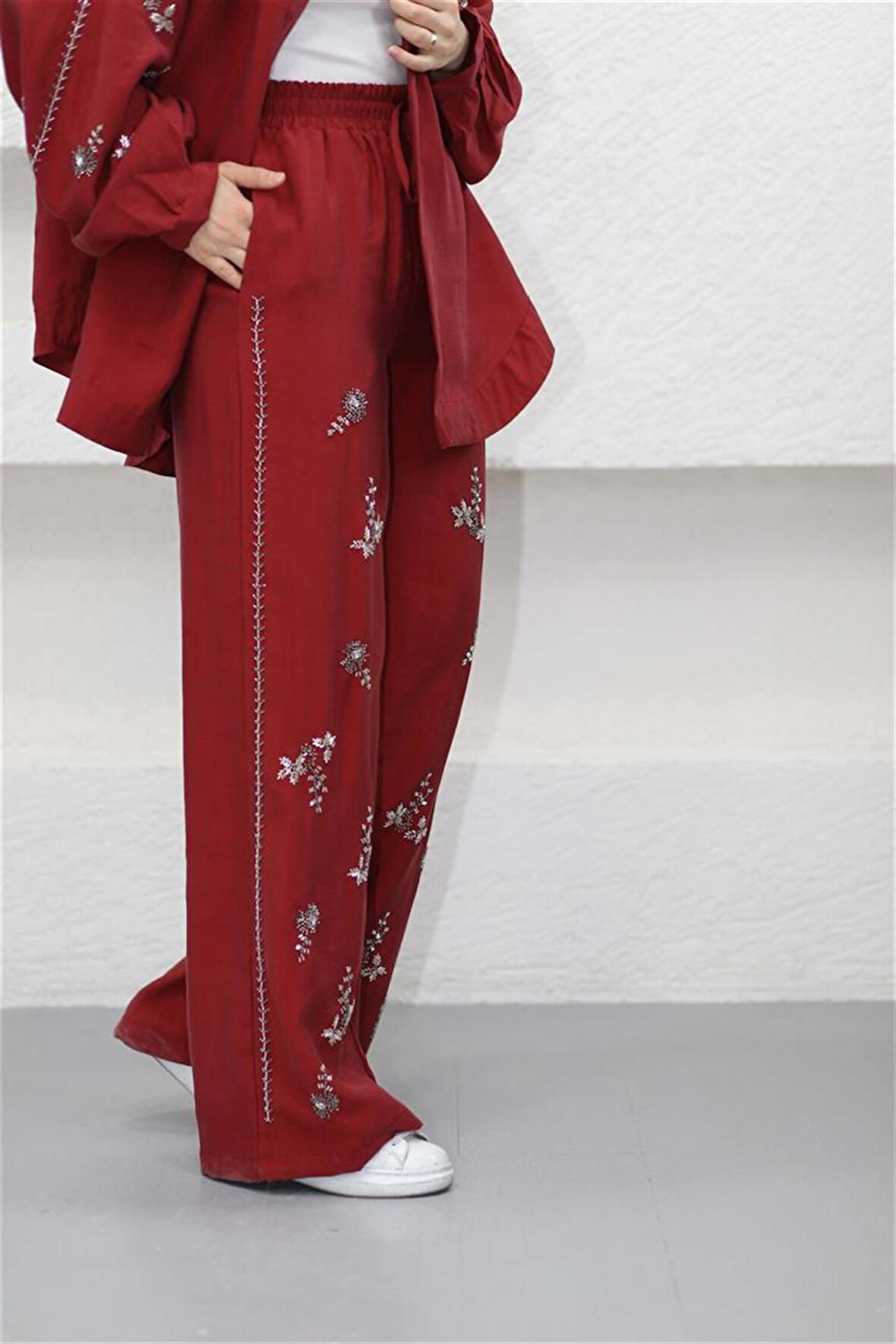 3654 Kuşaklı Taş Motifli Kimono Takım