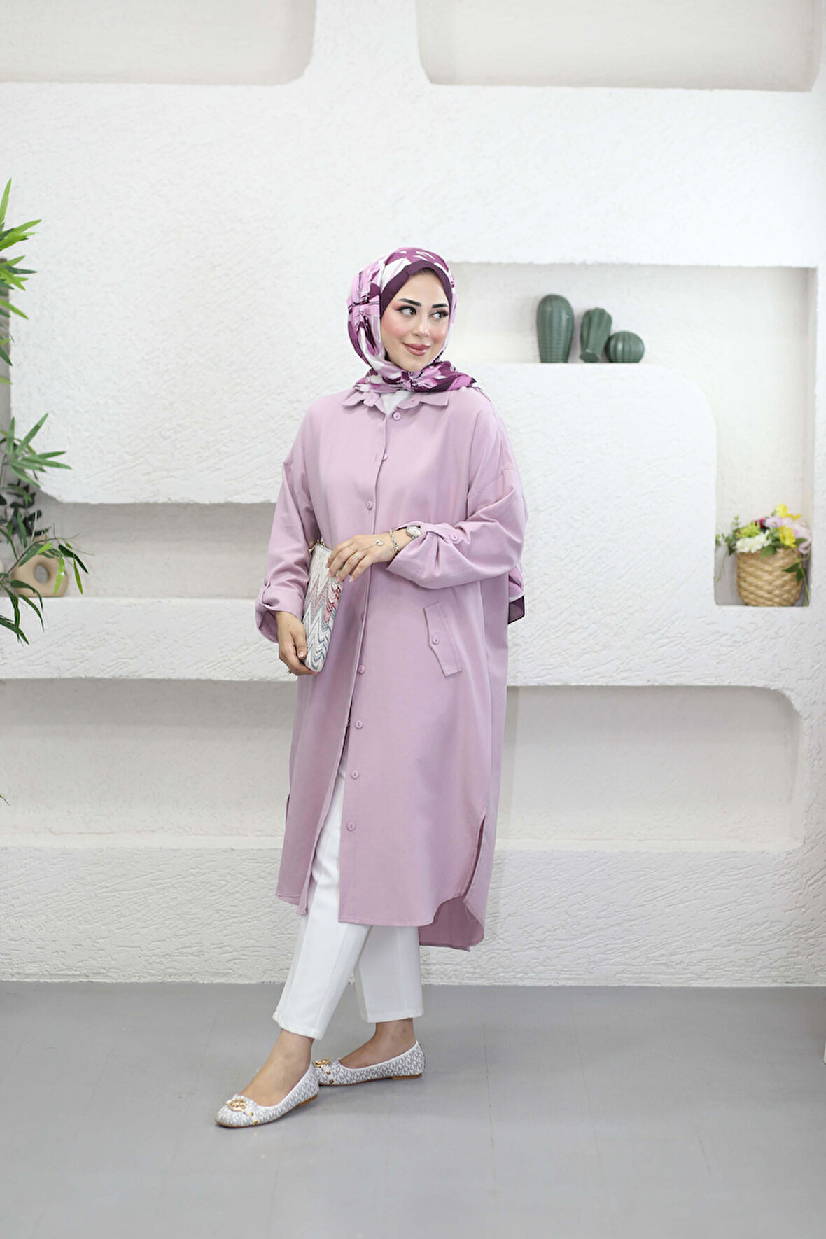 7383 Kol Katlamalı Süs Cepli Keten Gömlek Tunik