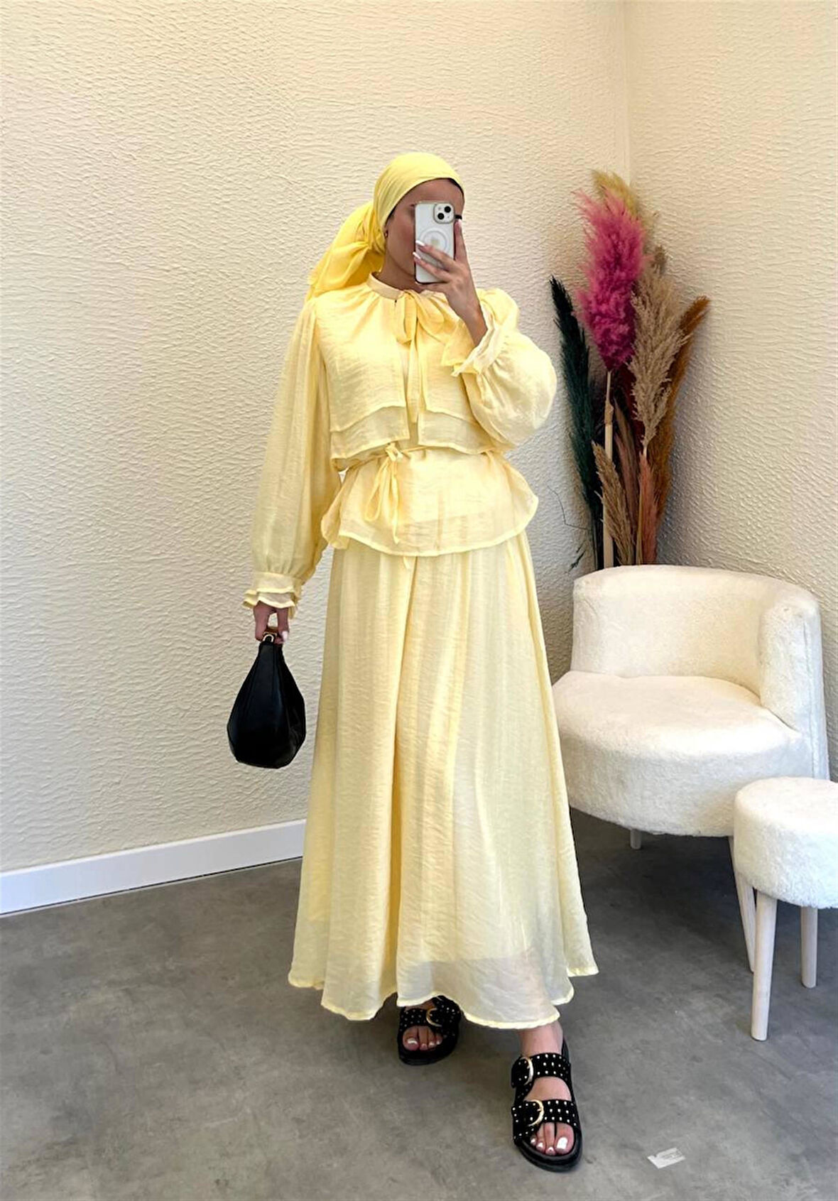 2720 Fularlı Yaka Pelerinli Etekli Şifon Takım