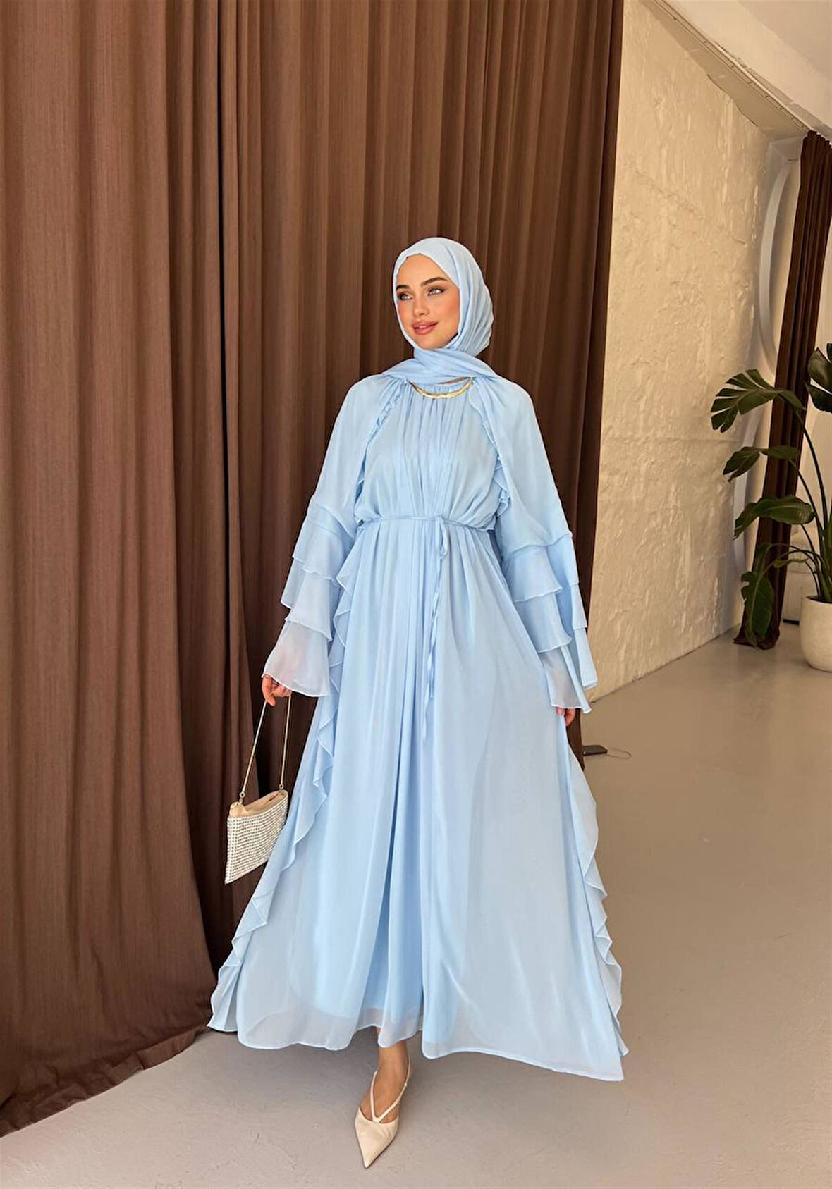 5730 Kolu Volanlı Pelerinli Şifon Elbise