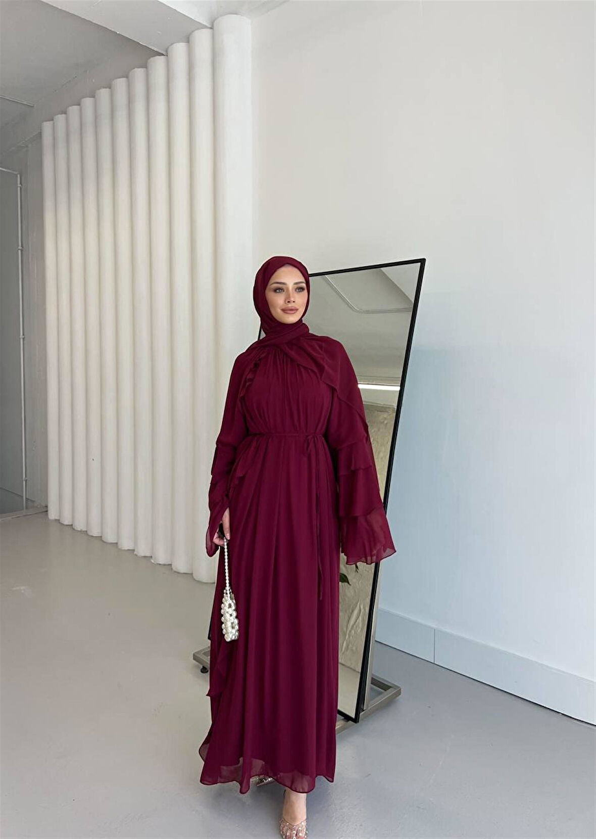 5730 Kolu Volanlı Pelerinli Şifon Elbise