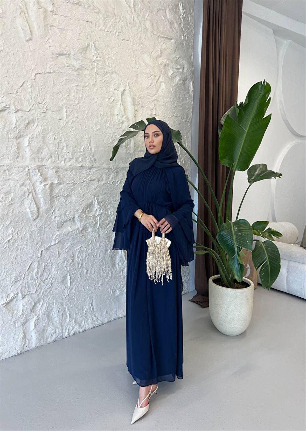 5730 Kolu Volanlı Pelerinli Şifon Elbise