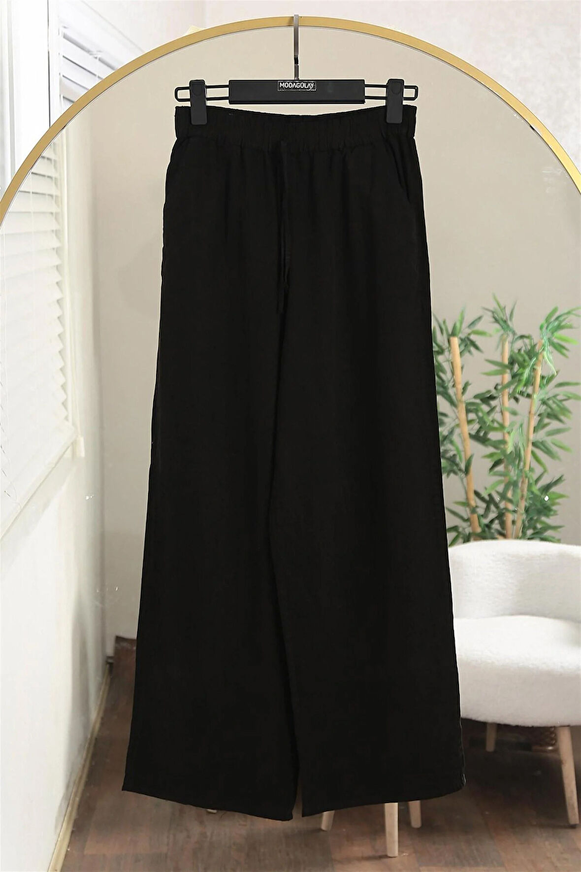 010 Beli Lastikli Bağıcıklı Bol Paça Tencel Pantolon