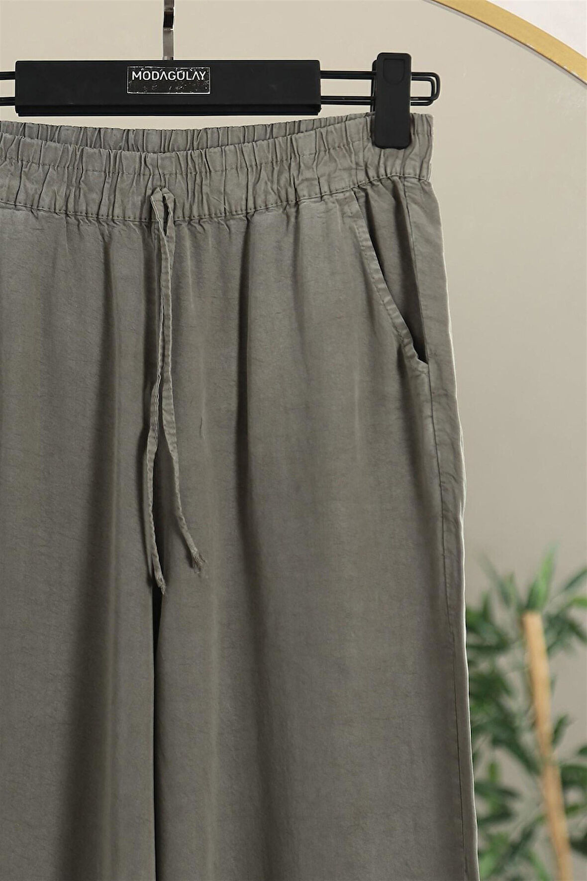 010 Beli Lastikli Bağıcıklı Bol Paça Tencel Pantolon