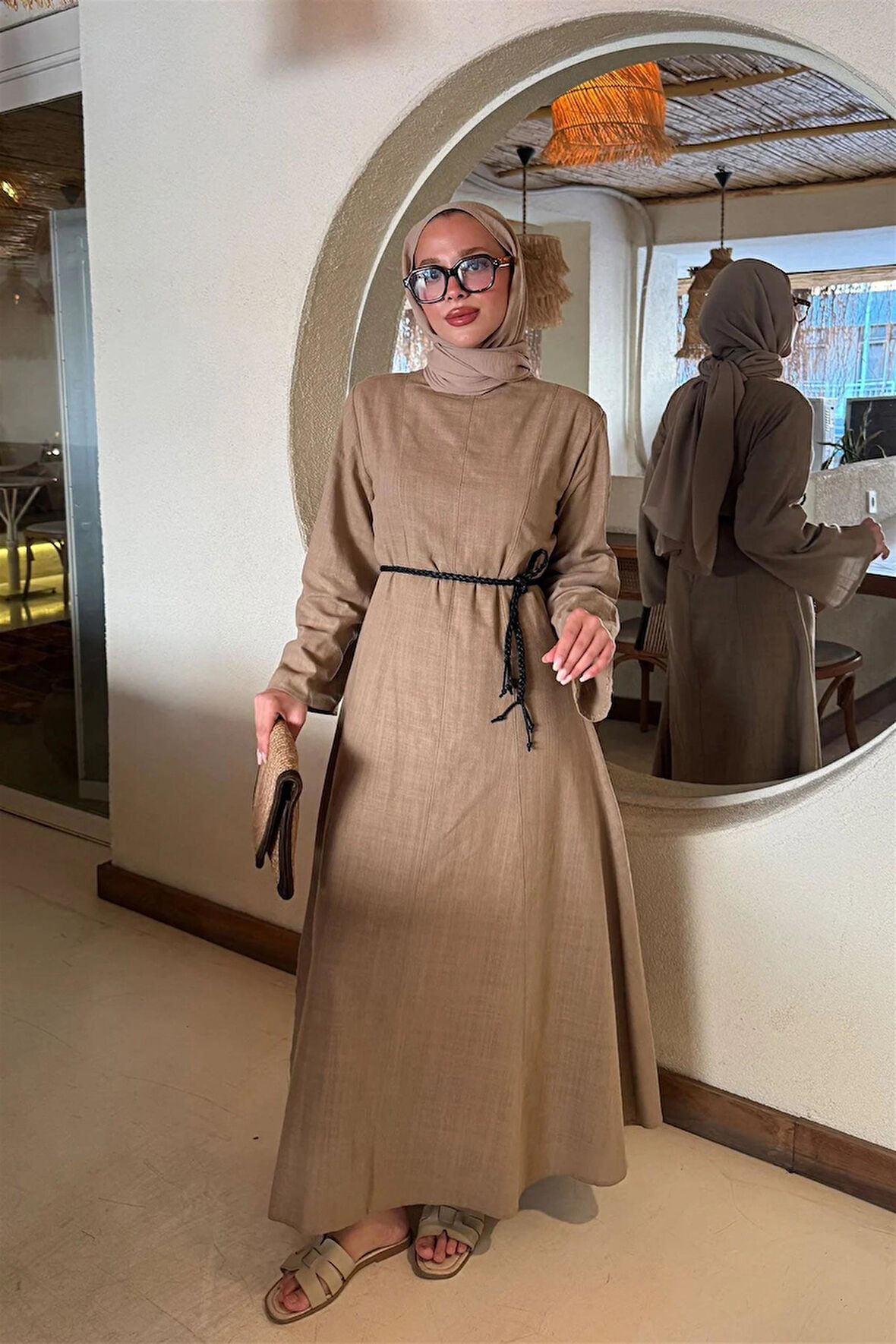 3335 Bisiklet Yaka Şaç Örgü Kuşaklı Keten Apple Elbise