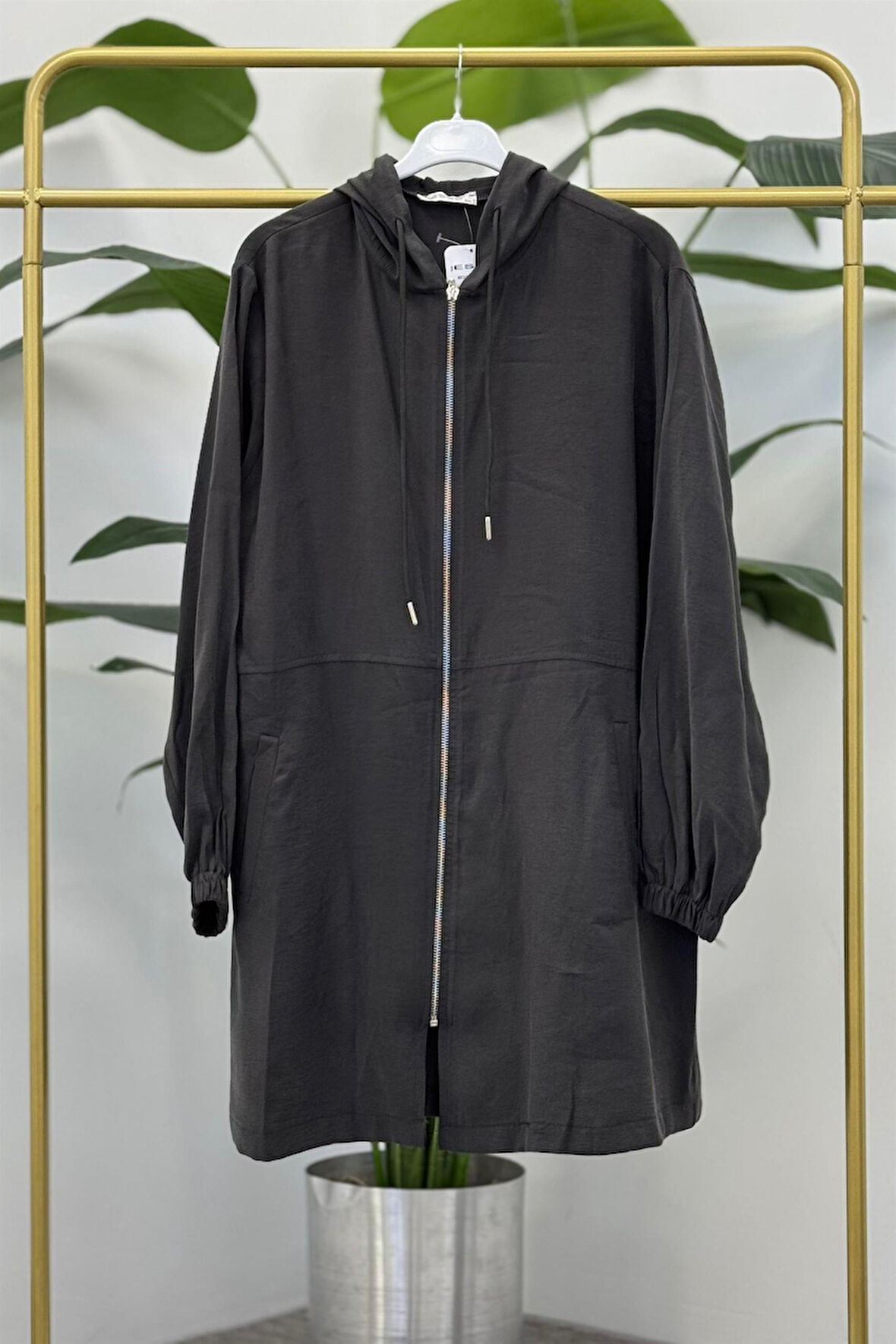 2102 Kapşonlu Fermuarlı Arkası Taş İşlemeli Keten Kap