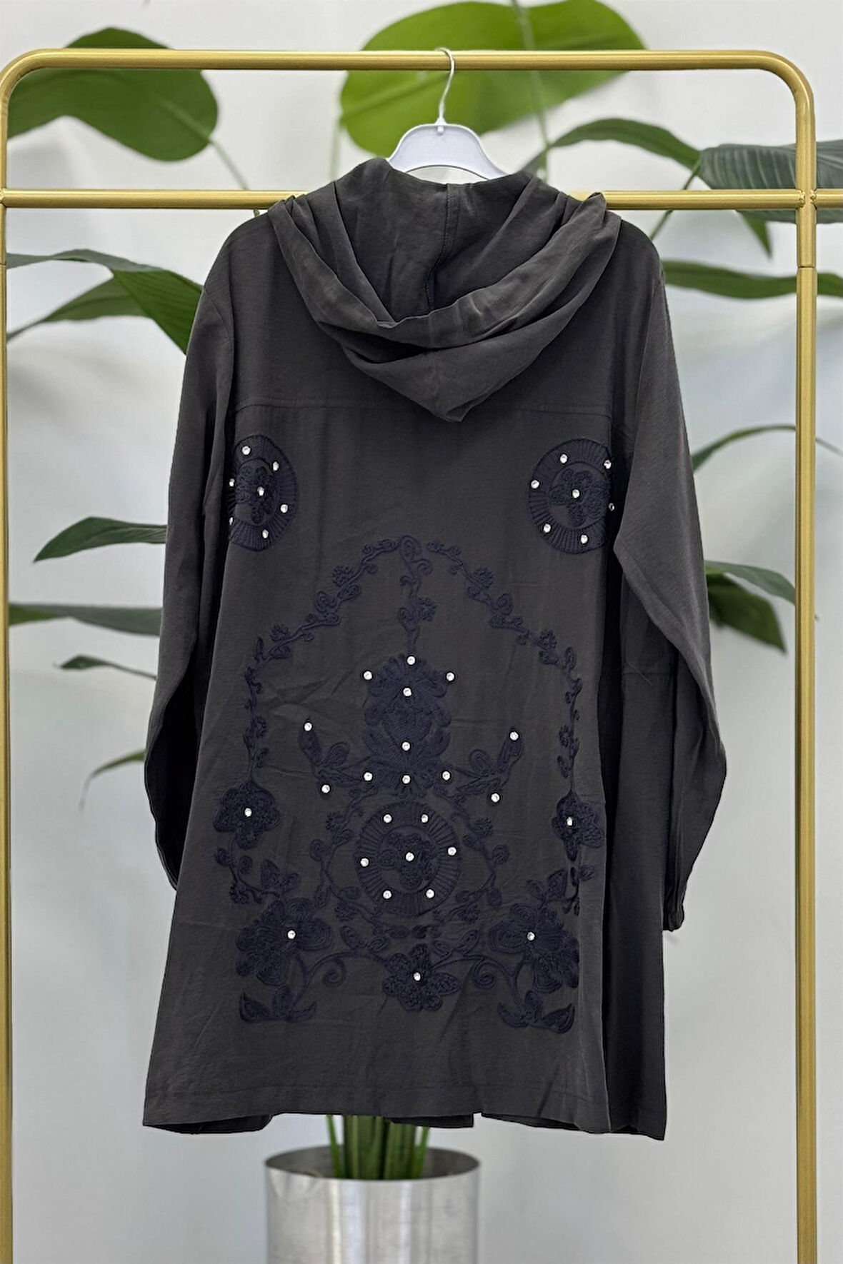 2102 Kapşonlu Fermuarlı Arkası Taş İşlemeli Keten Kap