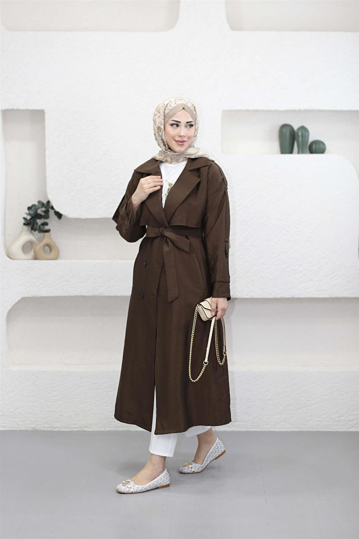 4175 Şal Yaka Apoletli Kuşaklı Aerobin Astarlı Trençkot