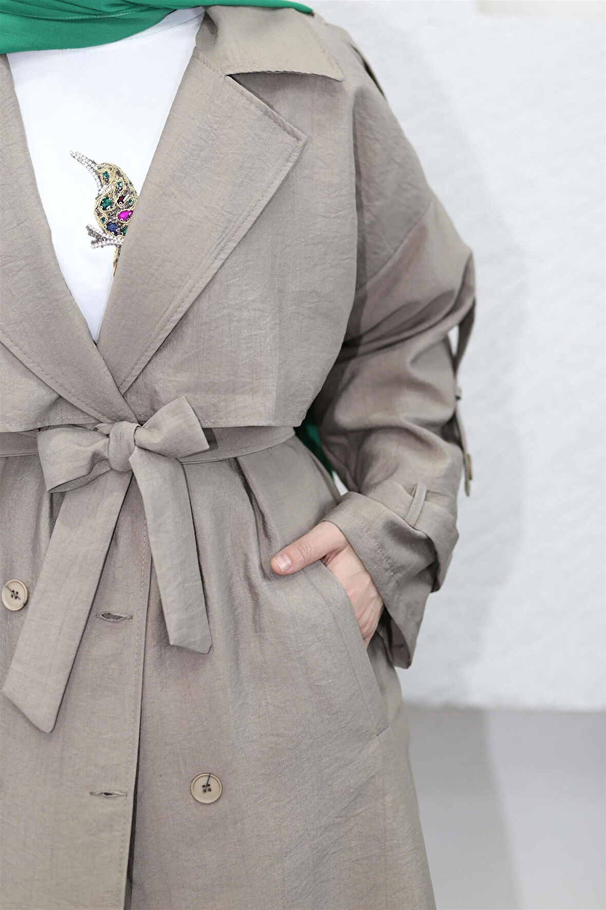 4175 Şal Yaka Apoletli Kuşaklı Aerobin Astarlı Trençkot