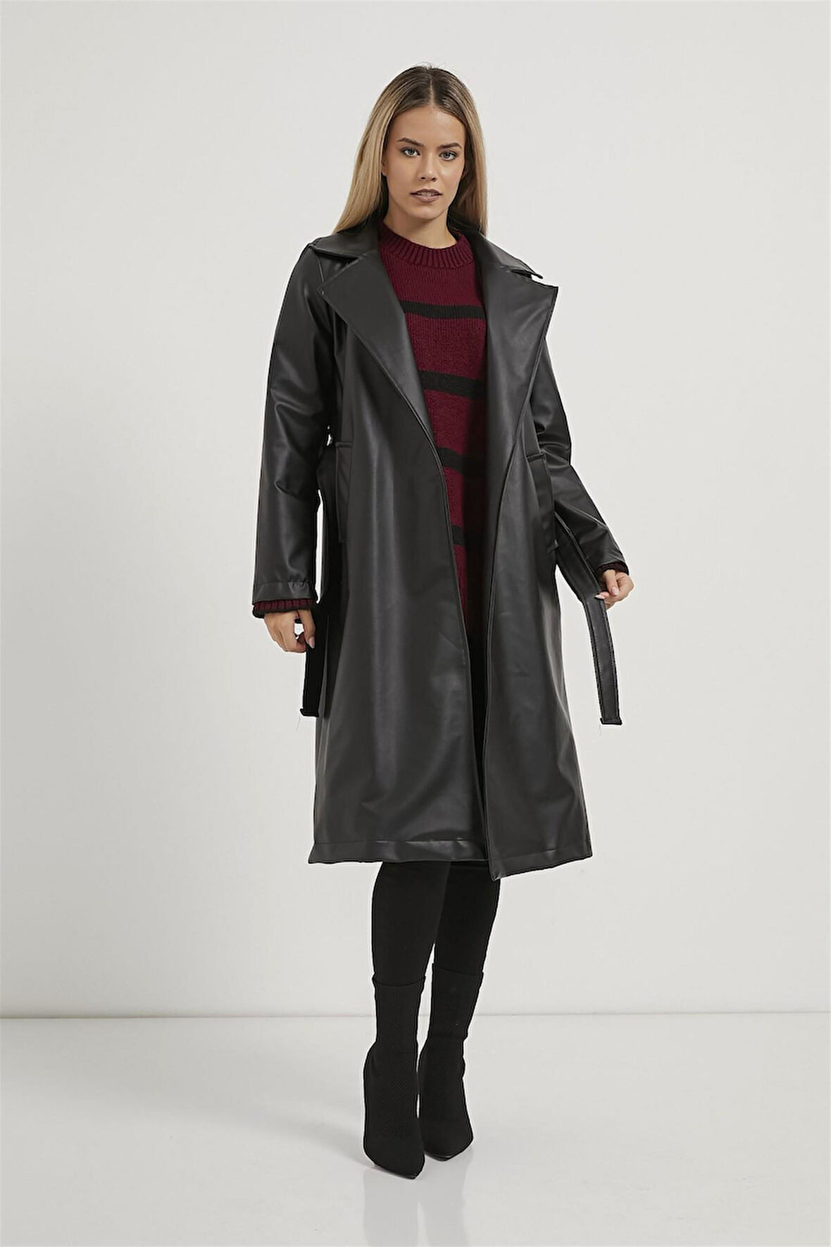 1041 Şal Yaka Kuşaklı Deri Trençkot