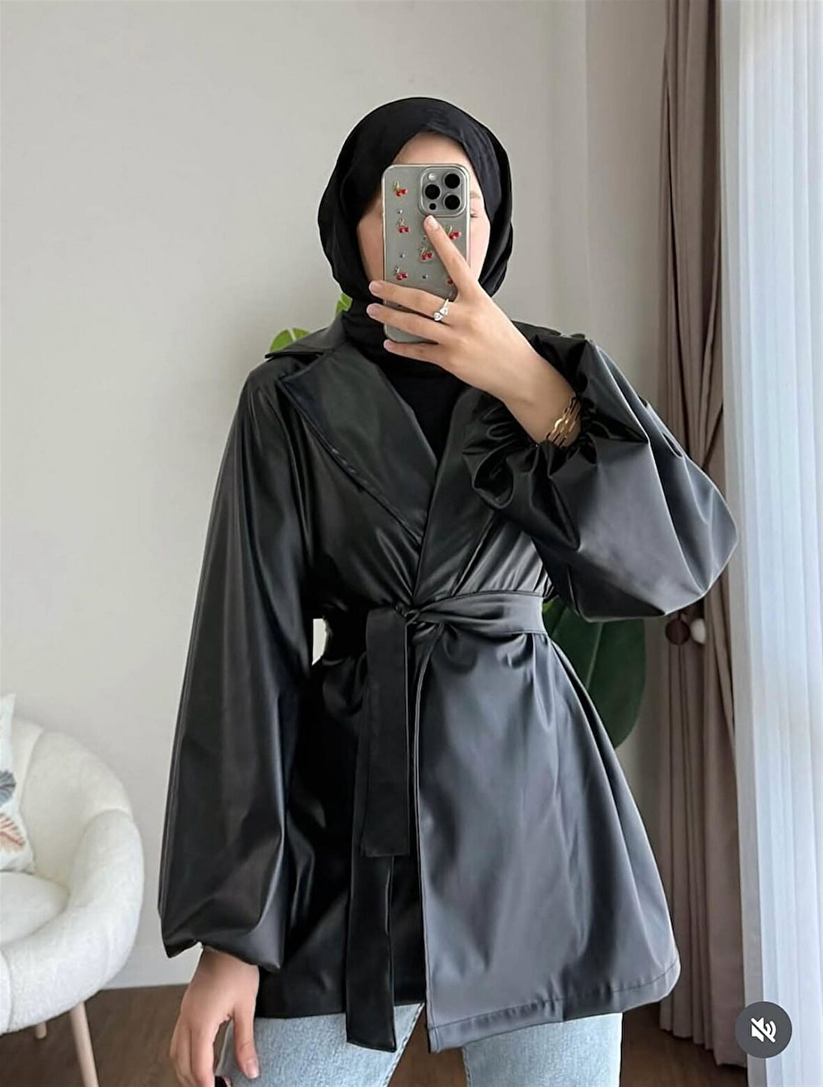 3065 Kuşaklı Balon Kol Deri Ceket