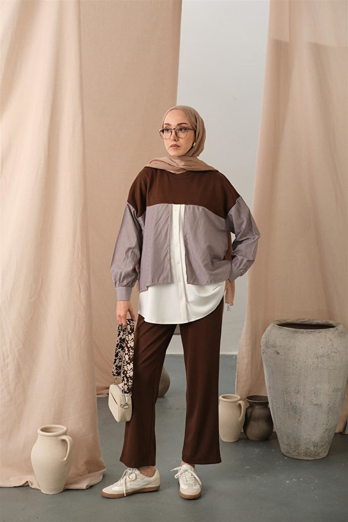 3079 Çift Garni Detaylı Çizgili Takım