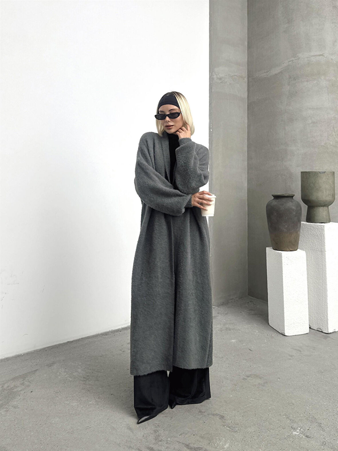 92476 Şal Yaka Düşük Omuz Sakal Kumaş Hırka