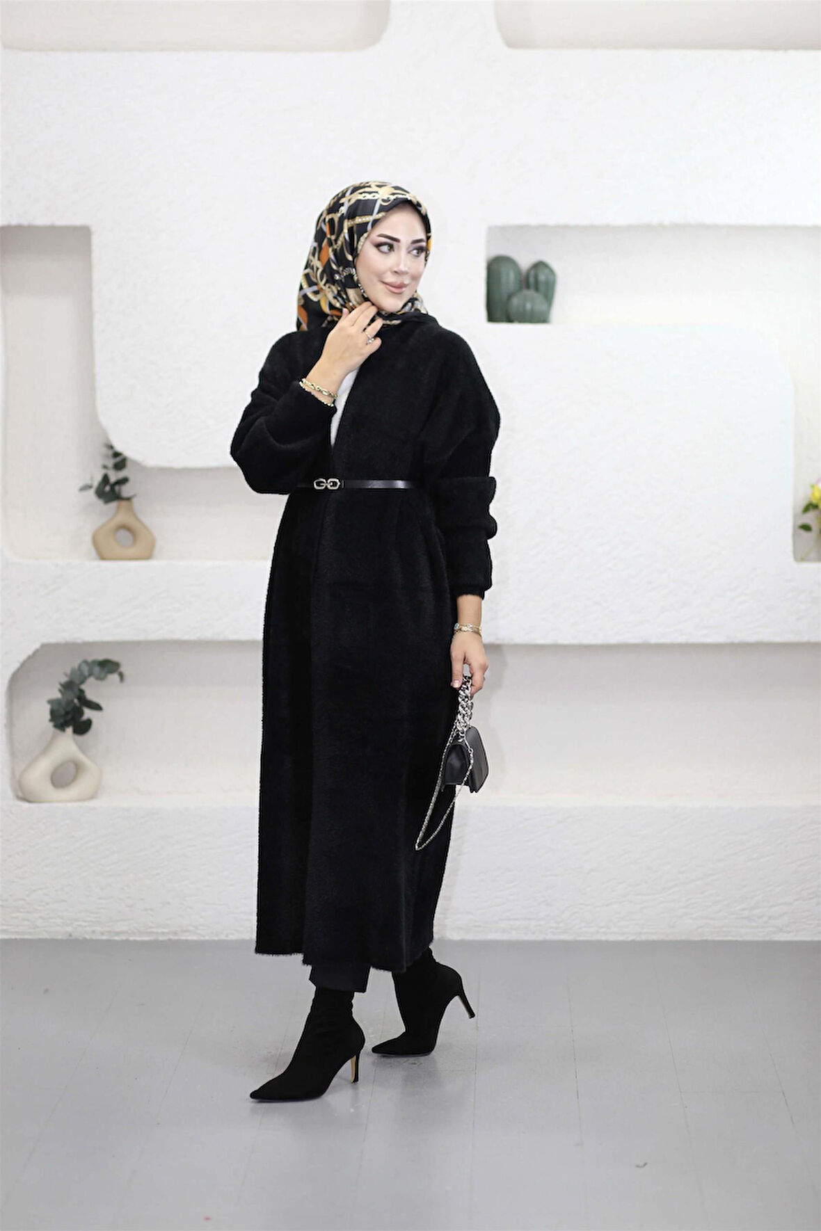 92476 Şal Yaka Düşük Omuz Sakal Kumaş Hırka