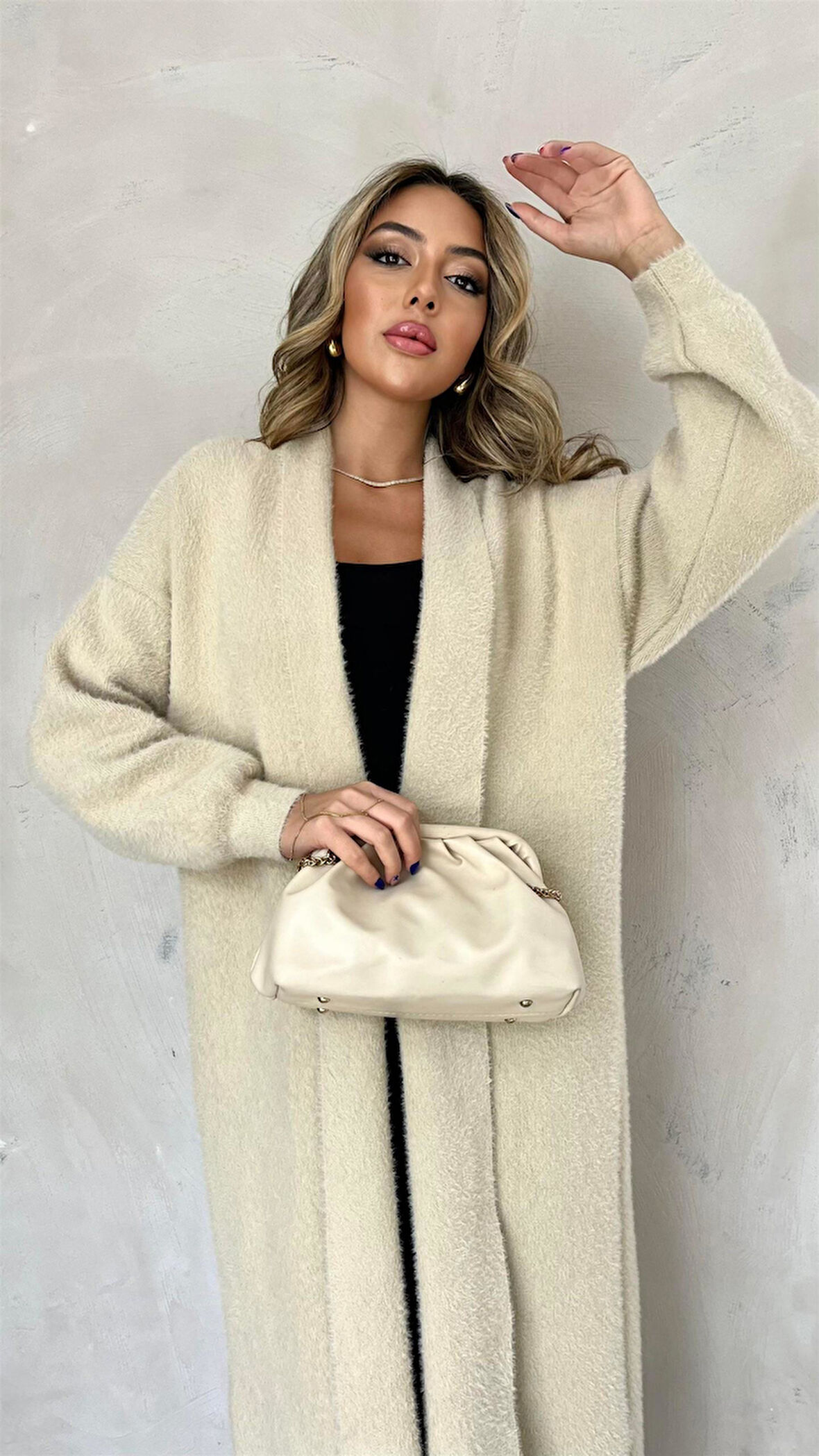 92476 Şal Yaka Düşük Omuz Sakal Kumaş Hırka