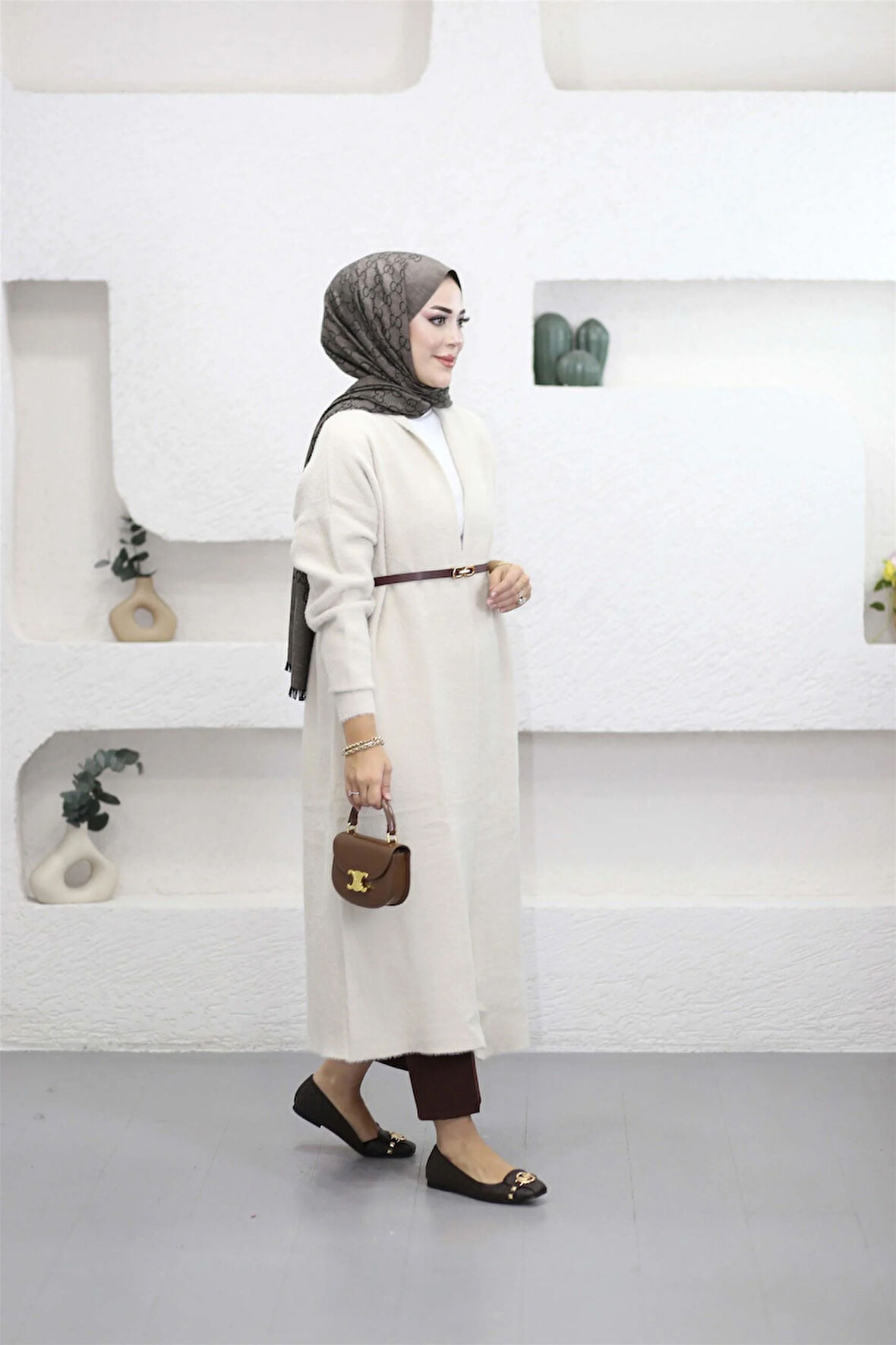 92476 Şal Yaka Düşük Omuz Sakal Kumaş Hırka