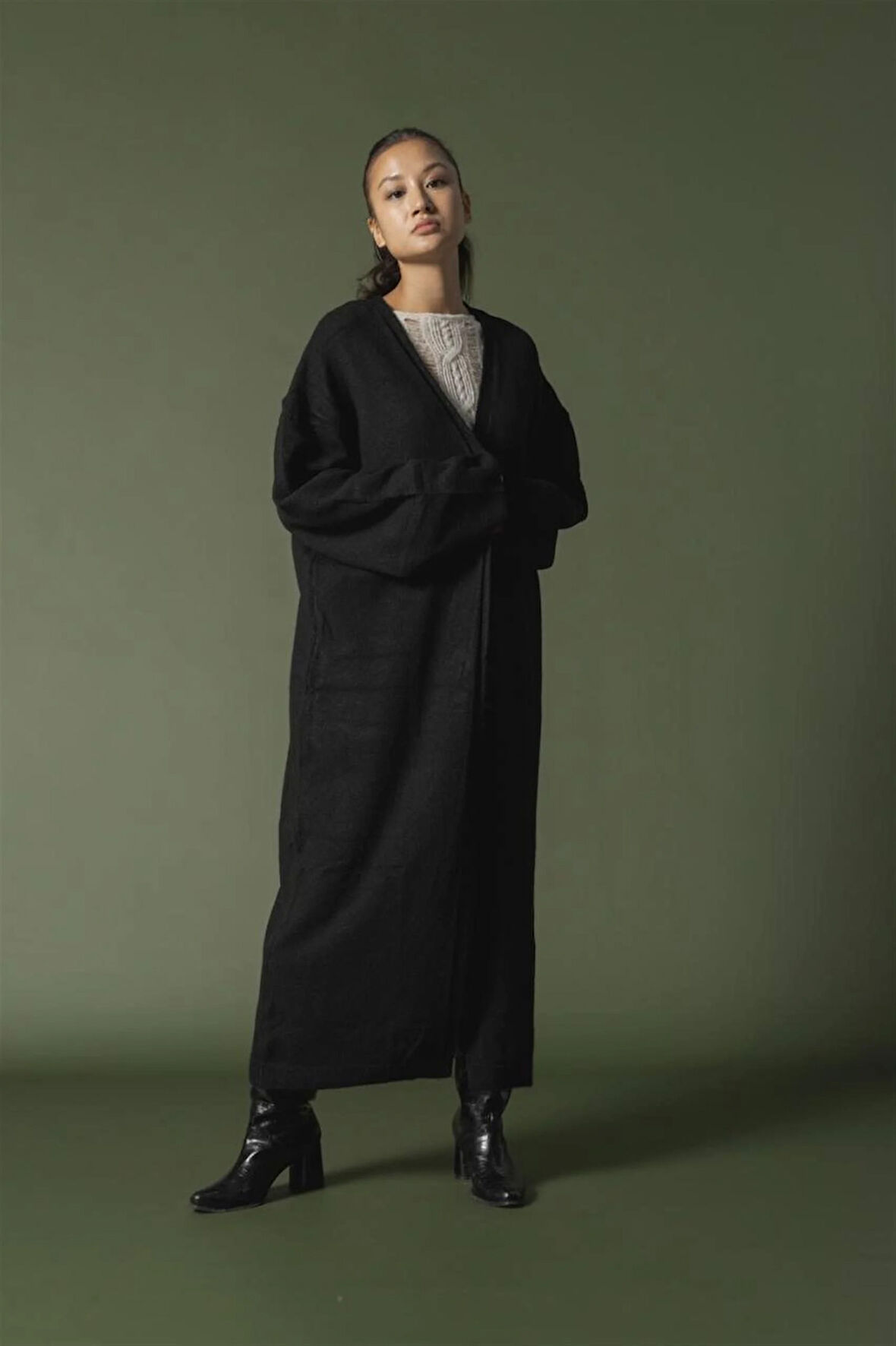 91828 Düşük Omuz Balon Kol Uzun Triko Hırka