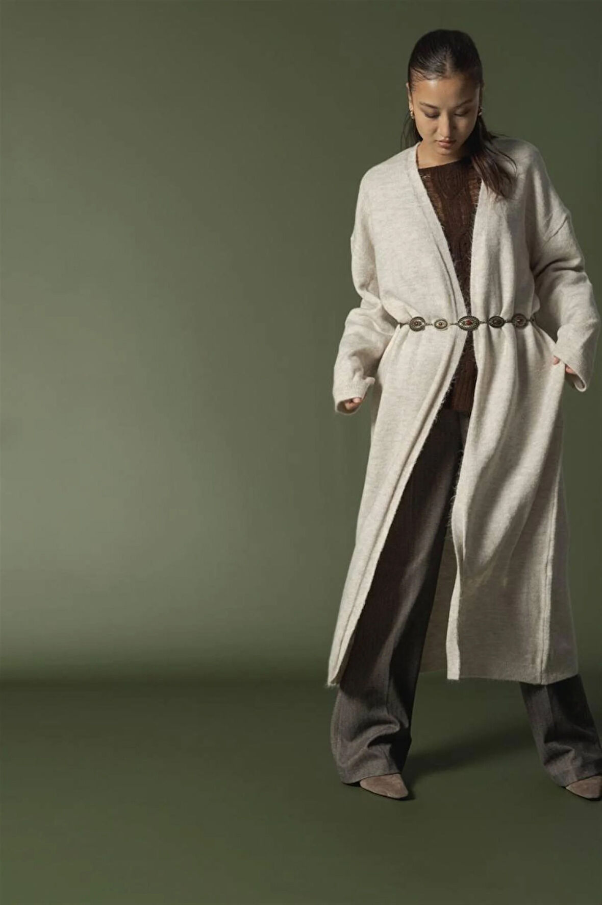 91828 Düşük Omuz Balon Kol Uzun Triko Hırka