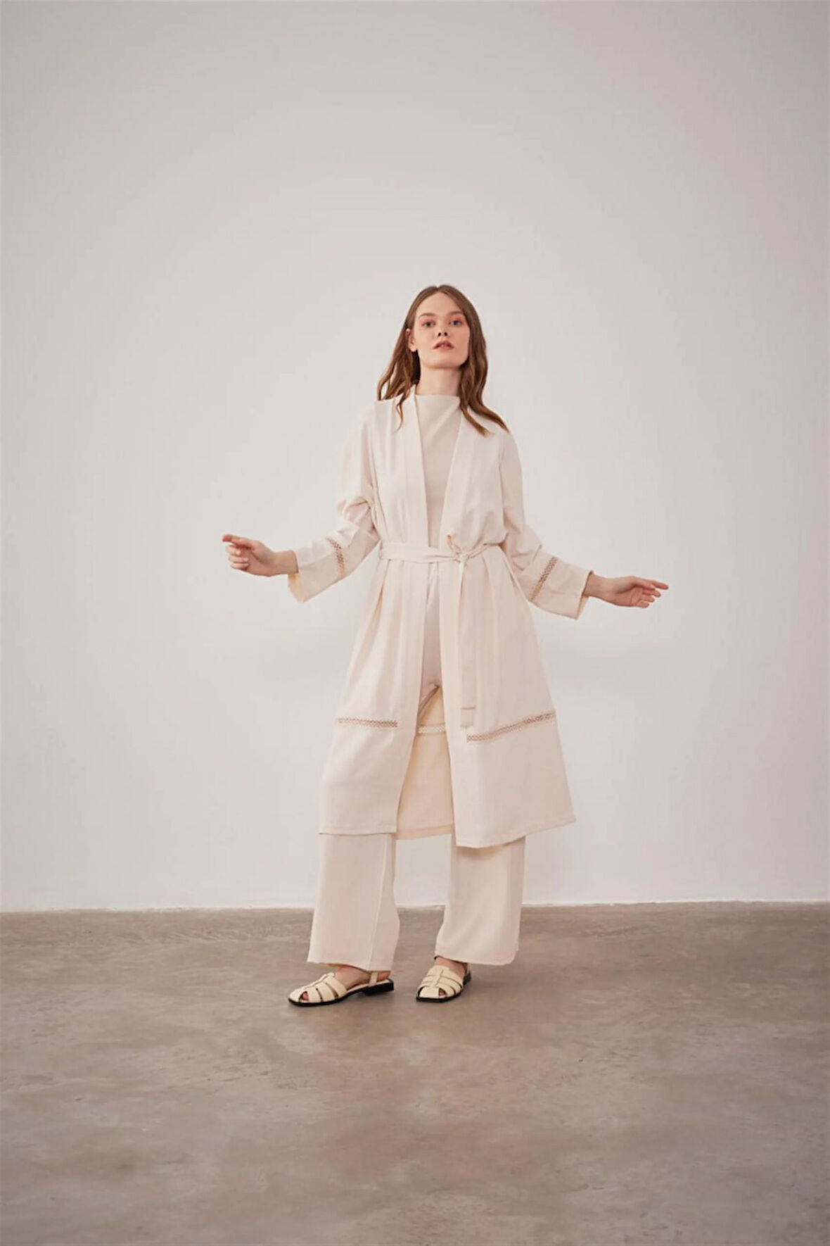 2504 Dantel Şerit Detaylı Kimono Takım