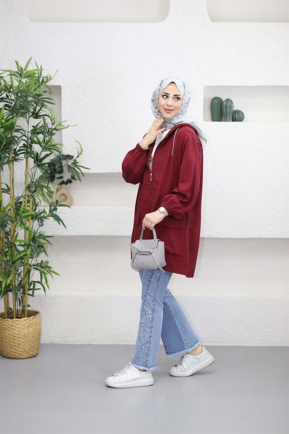 4380 Kapşonlu Boy Fermuarlı Cepli Ten Sel Kap