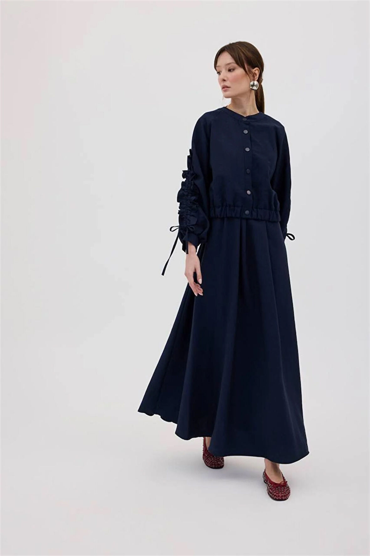 3099 Kolları Büzgülü Elbiseli Takım