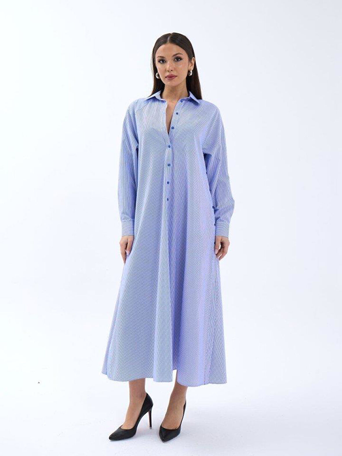 5857 ELBİSE-MAVİ BEYAZ ÇİZGİLİ