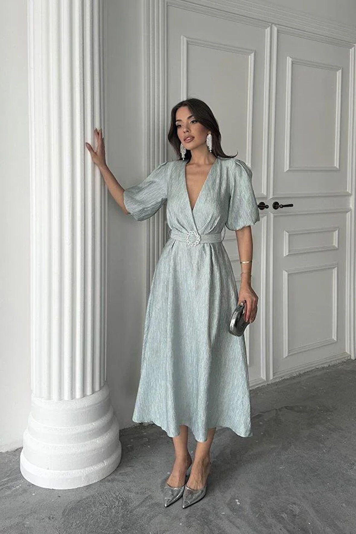 Mint Işıltılı Kemerli Kruvaze Elbise