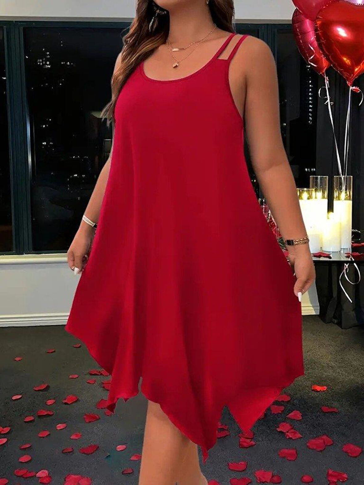 Kadın Askılı Yuvarlak Asimetrik Kesim Detaylı Viskon Elbise