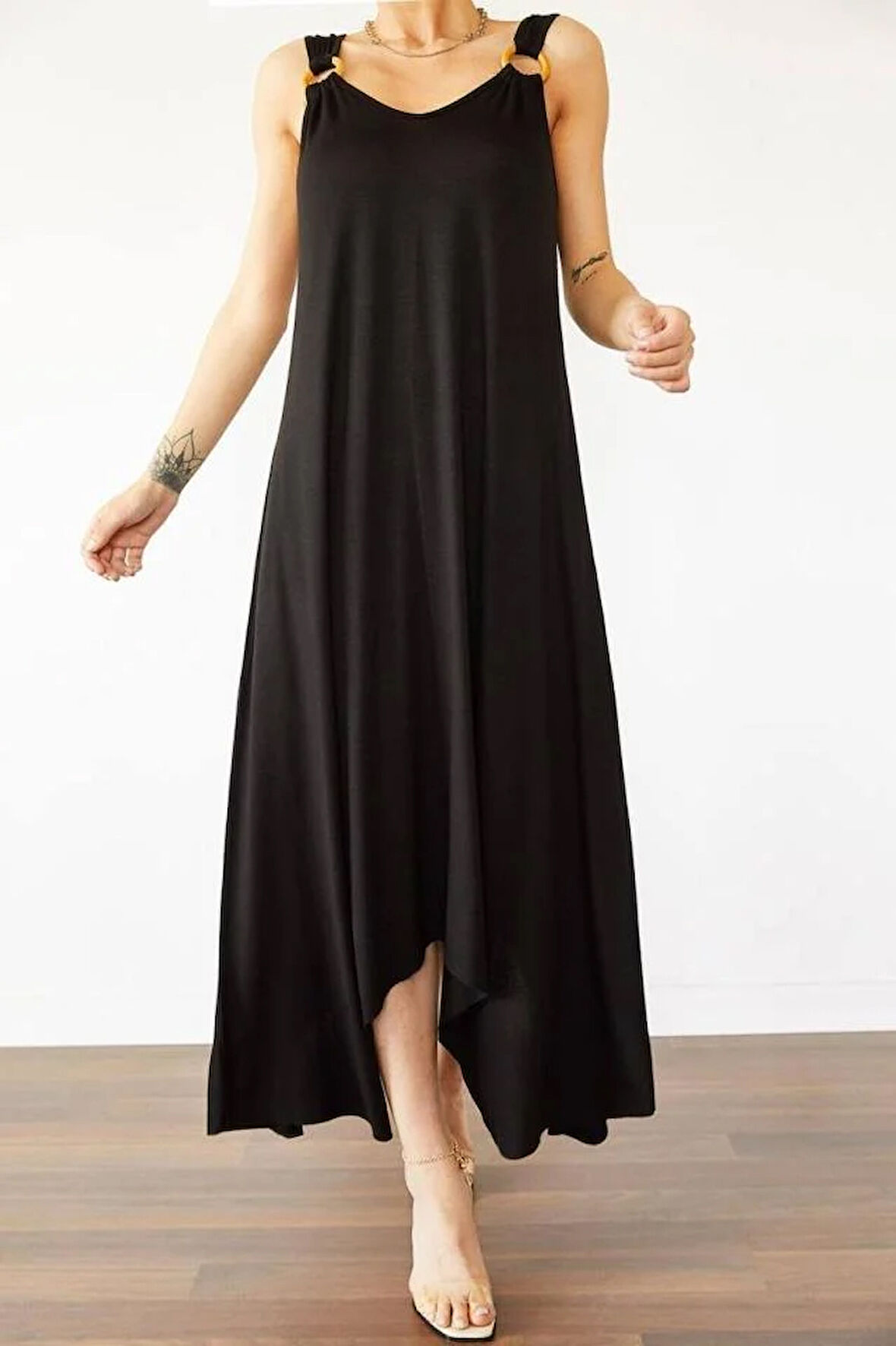 Kadın çan Dokuma Kumaş V Yaka Asimetrik Kesim Elbise