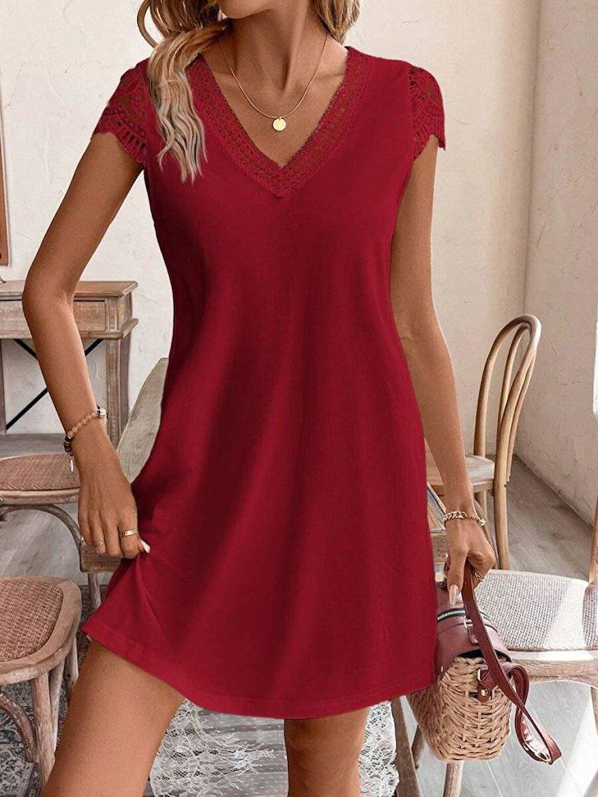 Kadın Kısa Kollu V Yakalı Viskon Elbise