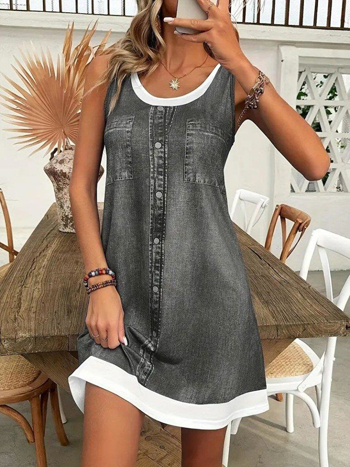 Kadın Askılı Yuvarlak Yakalı Kot Görünümlü Kısa Süprem Elbise