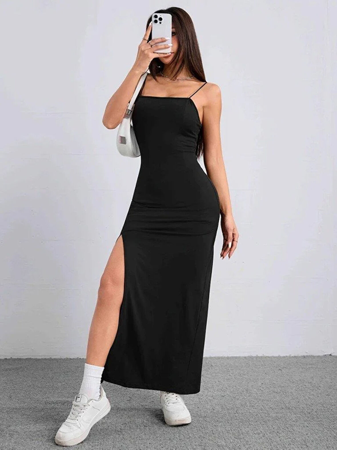 Kadın Ip Askılı Yandan Yırtmaçlı Janjan Krep Elbise