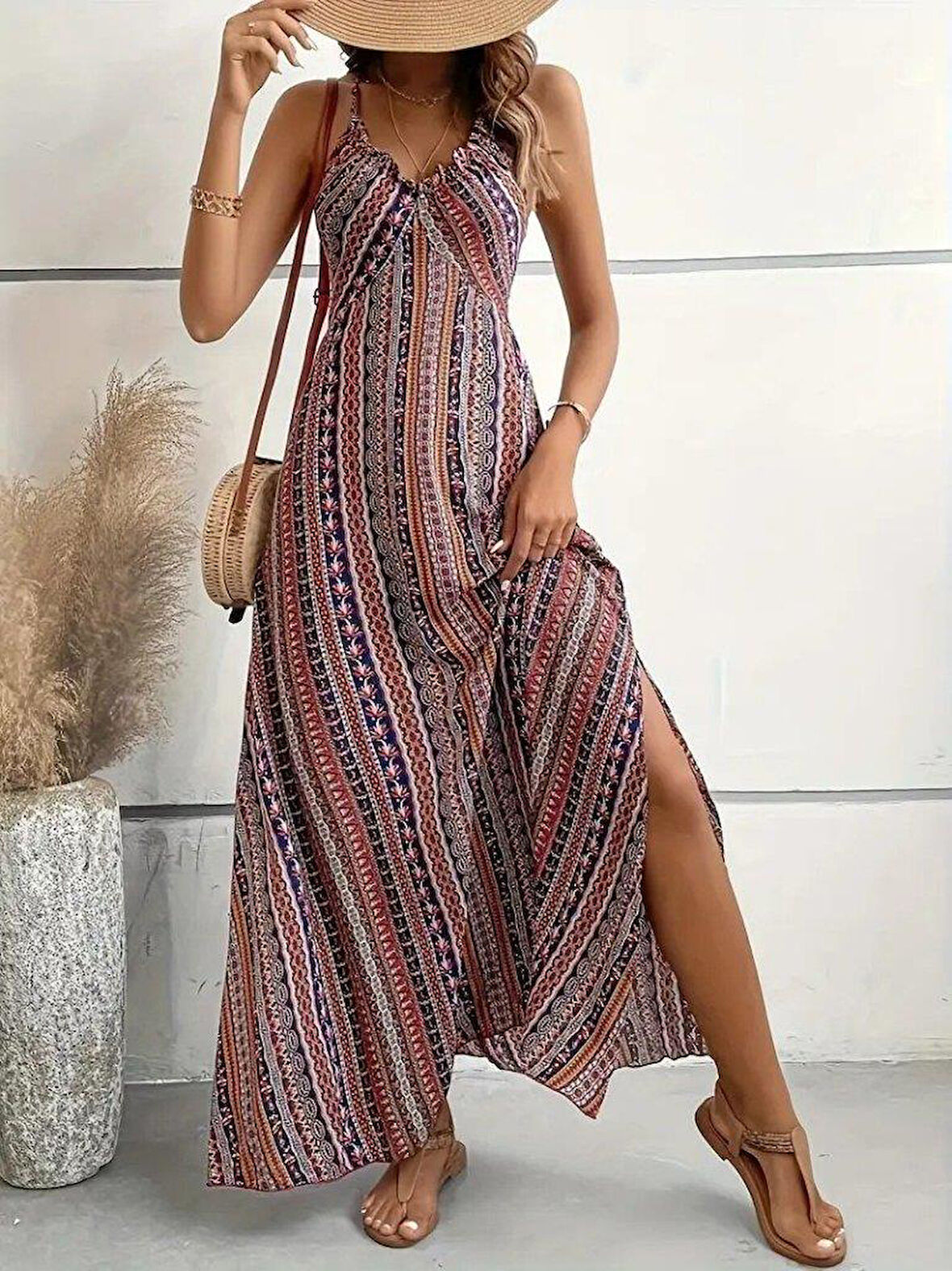 Kadın Ip Askılı Sırttan çapraz Detaylı Yırtmaçlı Desenli Süprem Elbise