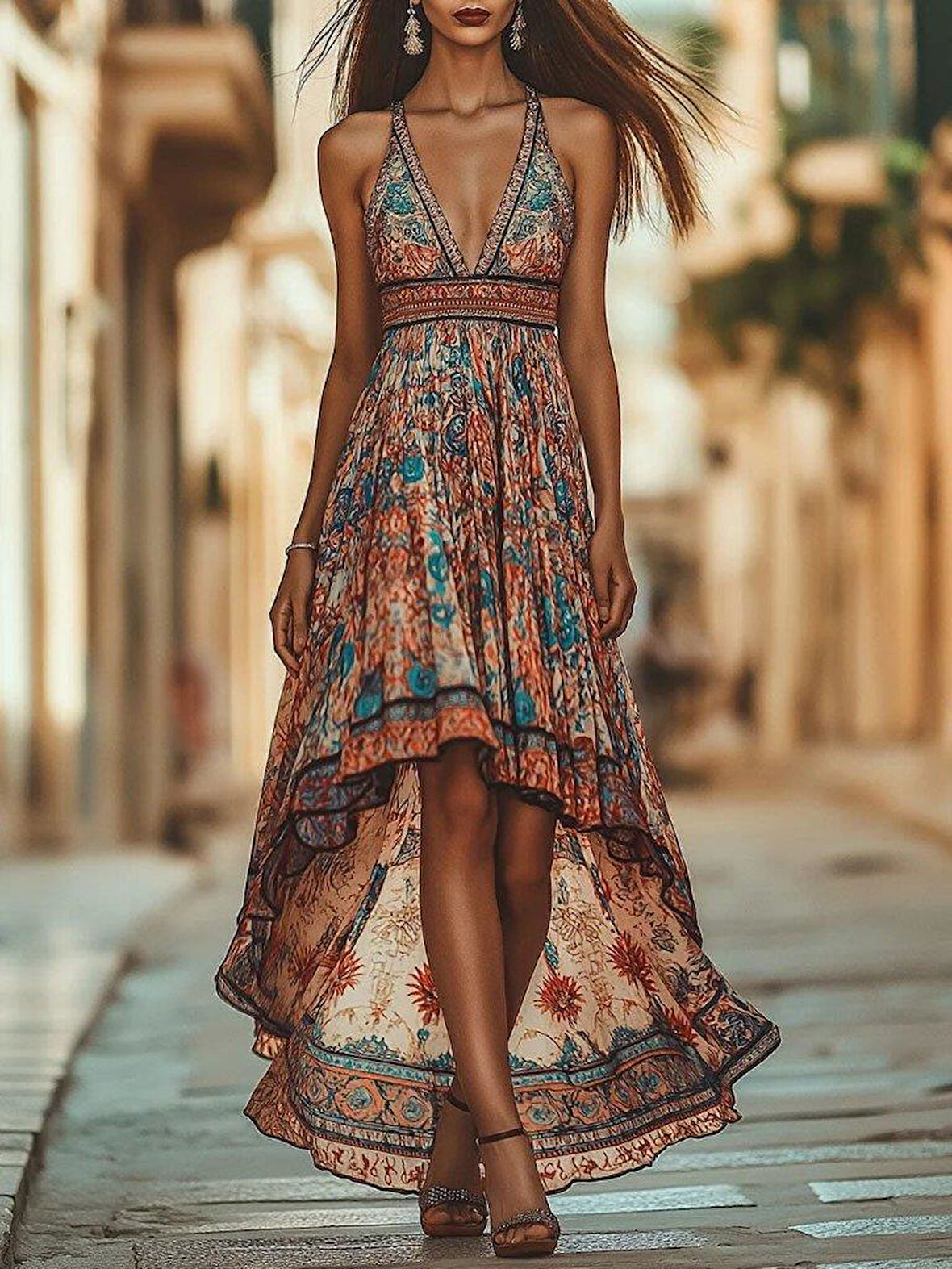 Kadın Askılı Derin Göğüs Detaylı Asimetrik Detaylı Süprem Elbise