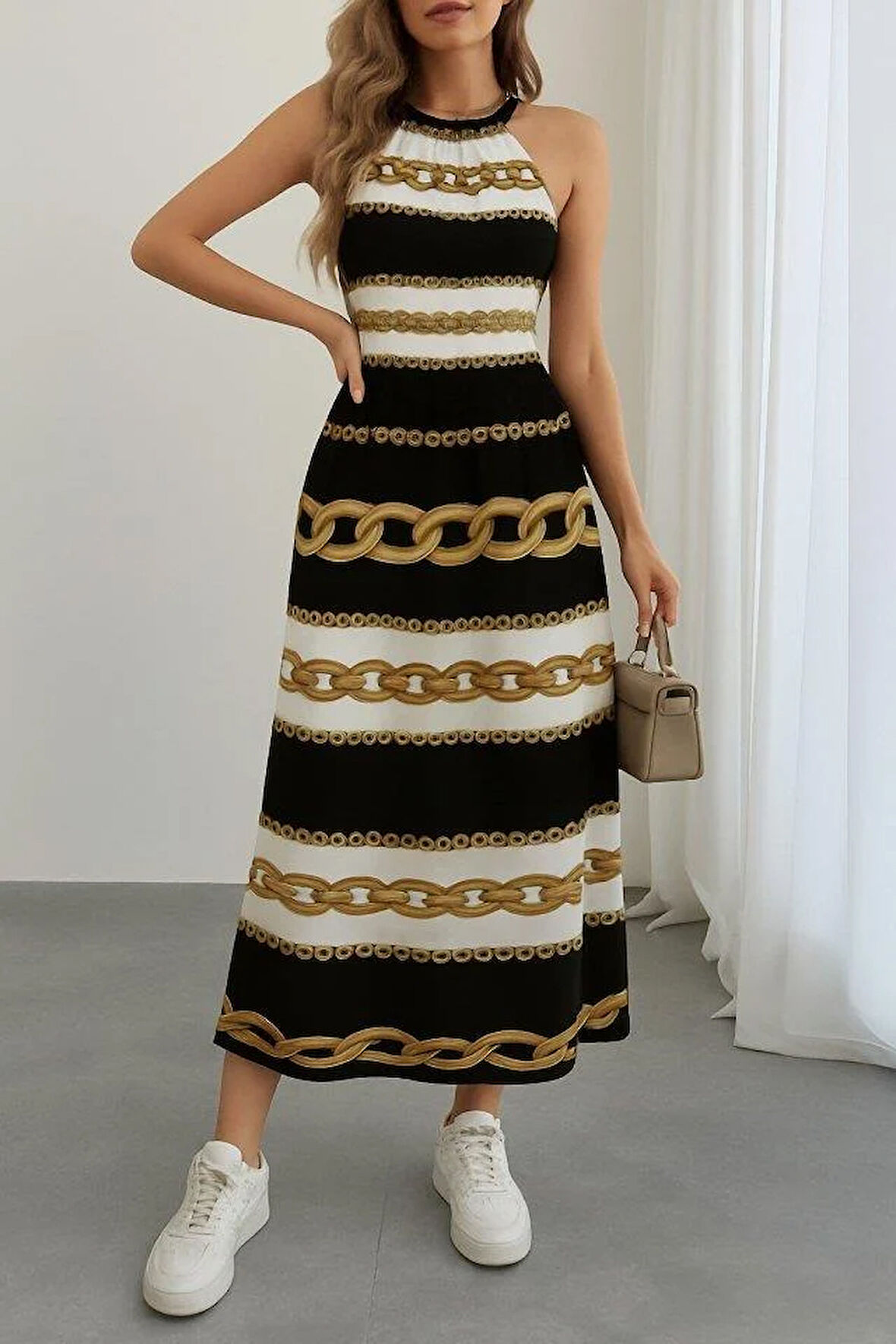 Kadın Kolsuz Boyundan Bağlamalı Beli Lastikli Dijital Baskı Süprem Uzun Elbise