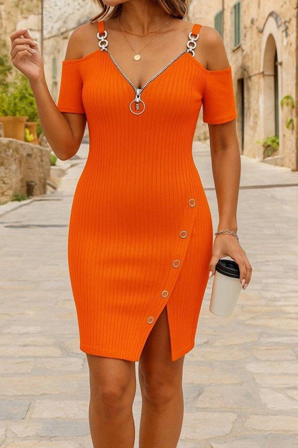 Kadın Askılı önü Fermuarlı Asimetrik Kesim Detaylı Kalın Fitilli Kaşkorse Elbise