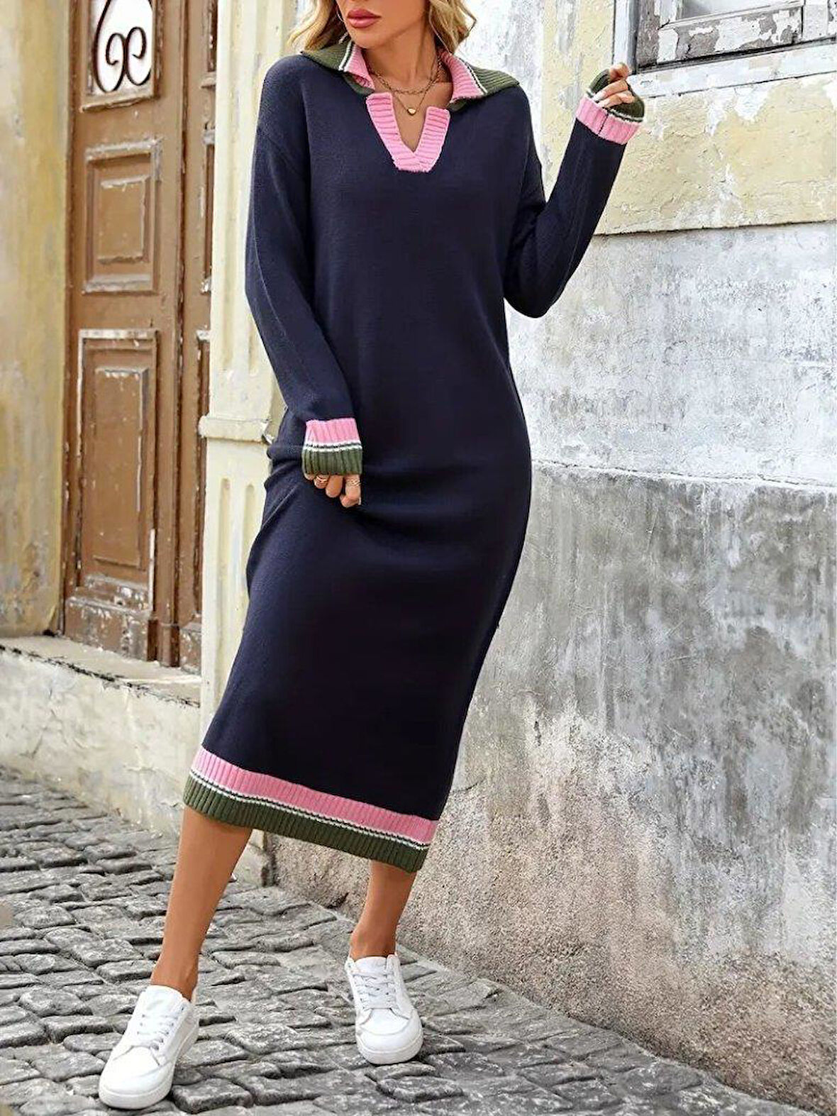 Kadın Uzun Kollu Yakalı çok Renkli Triko Uzun Elbise