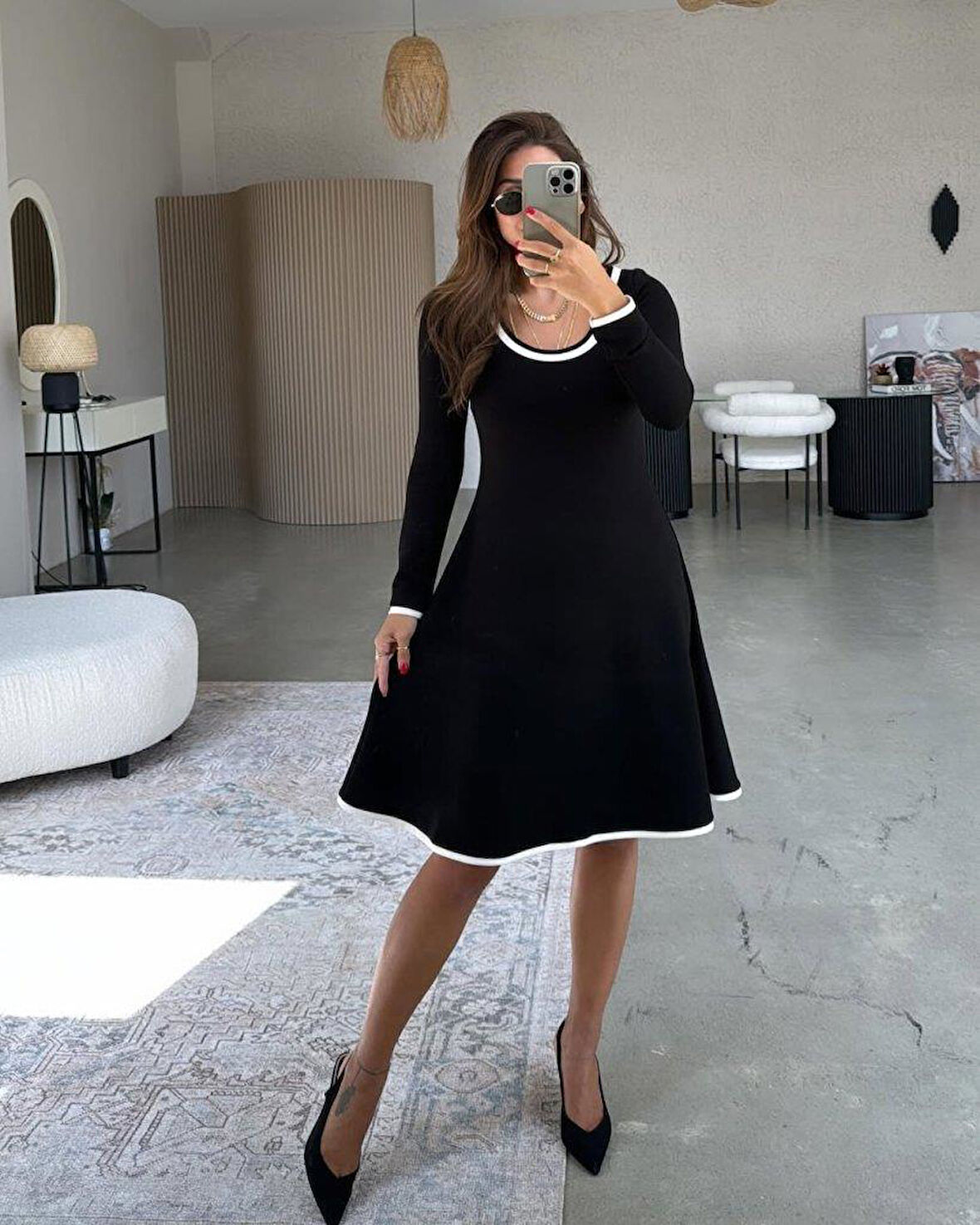 Kadın Uzun Kollu Yuvarlak Yaka Midi Viskon Iki Iplik Elbise