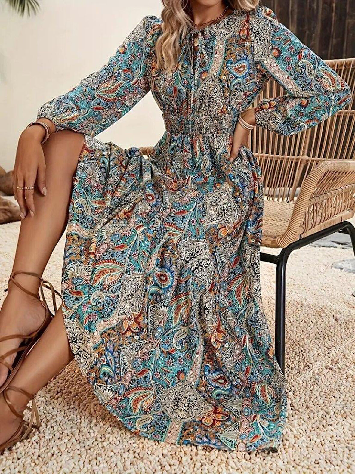 Kadın Uzun Kollu Uakadabağcıklı Beli Lastikli Desenli Uzun Süprem Elbise