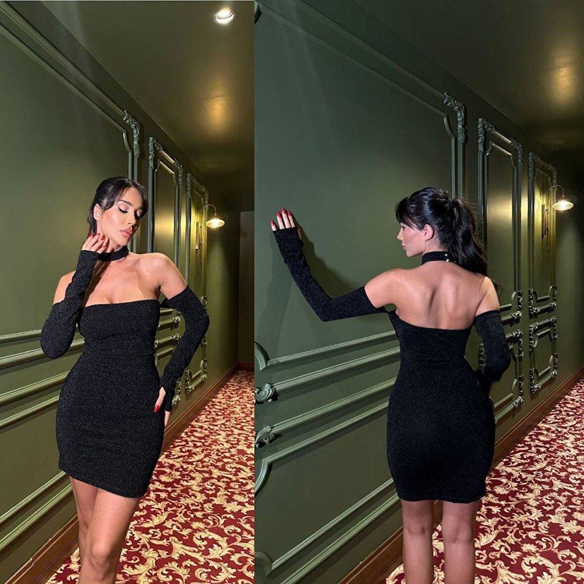 Kadın Madonna Yaka Simli Flower Kumaş Mini Elbise