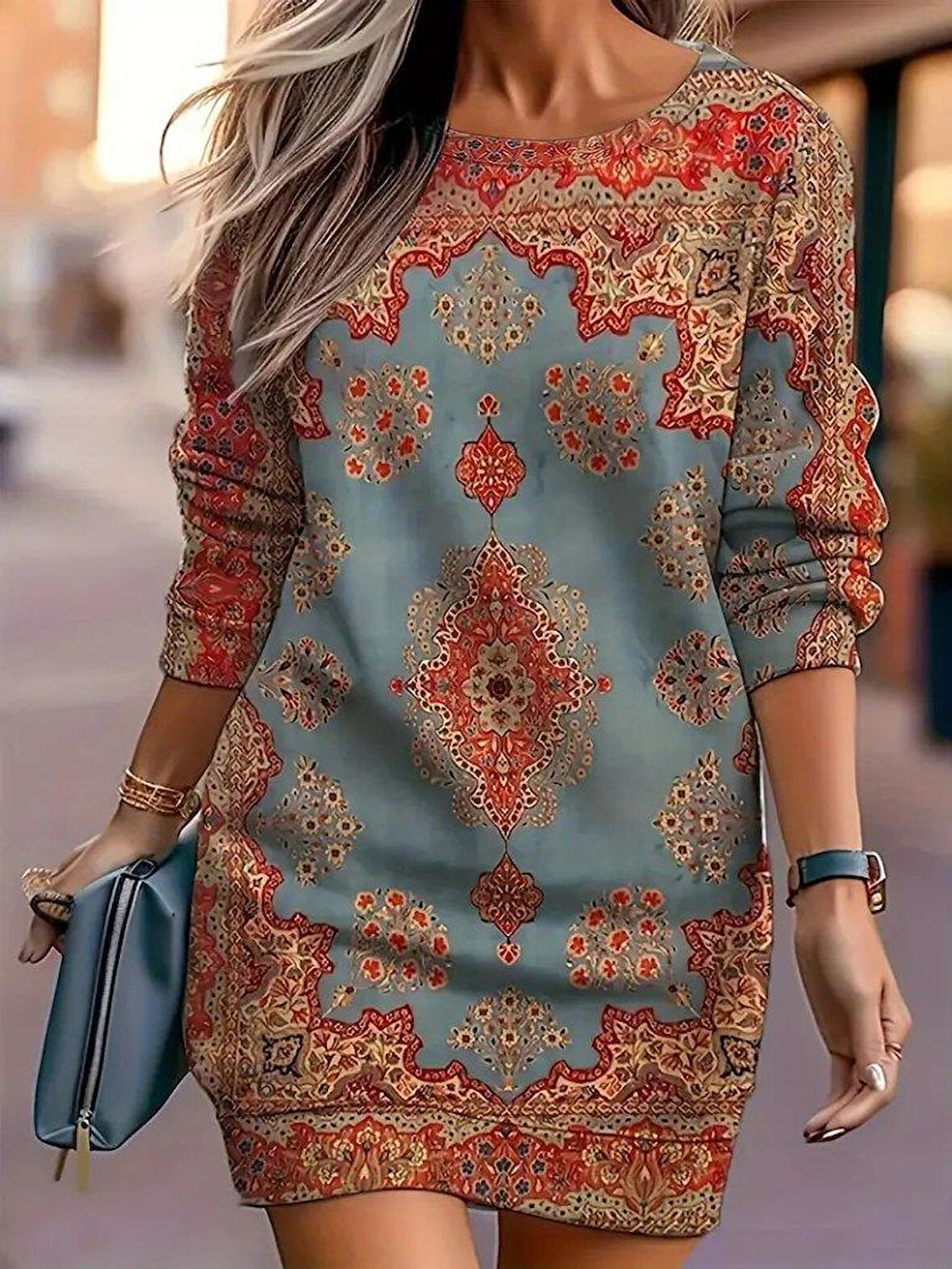 Kadın Uzun Kollu Yuvarlak Yaka Desenli Mini Modal Elbise