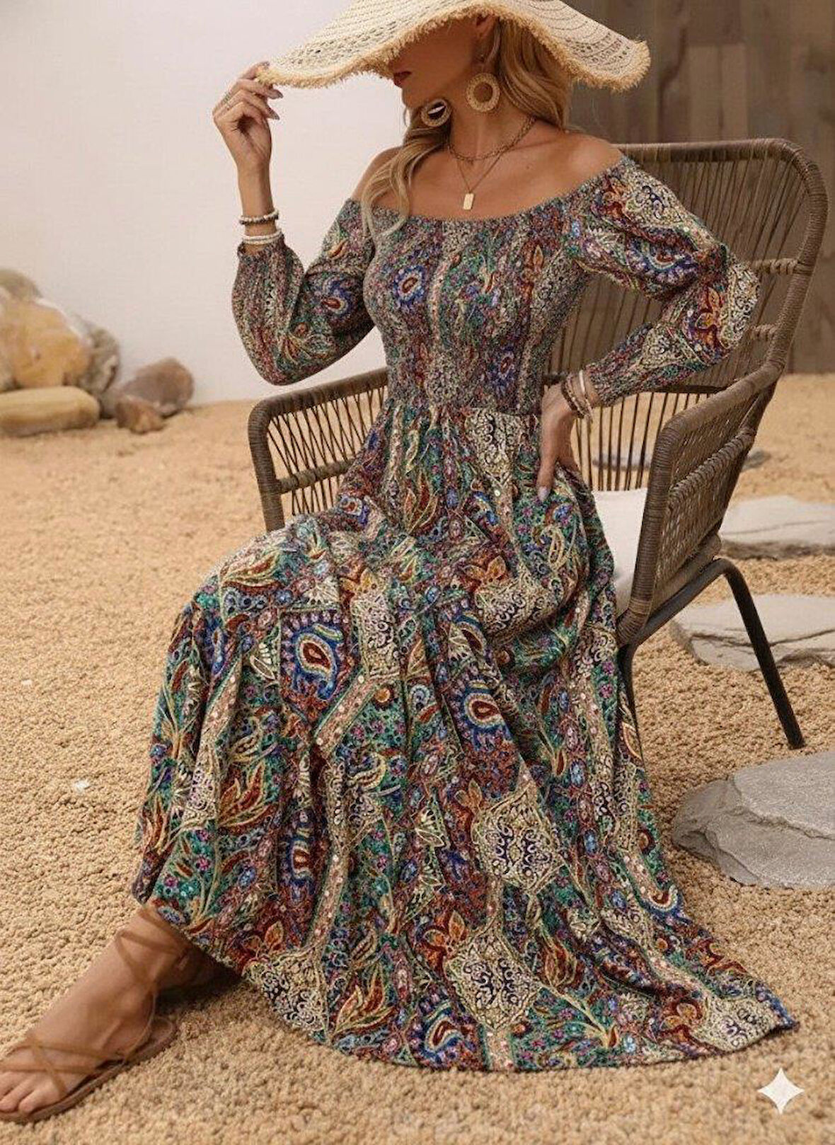 Kadın Düşük Omuzlu Beli Büzgülü Dijital Desenli Kesik Elyaf Süprem Uzun Elbise