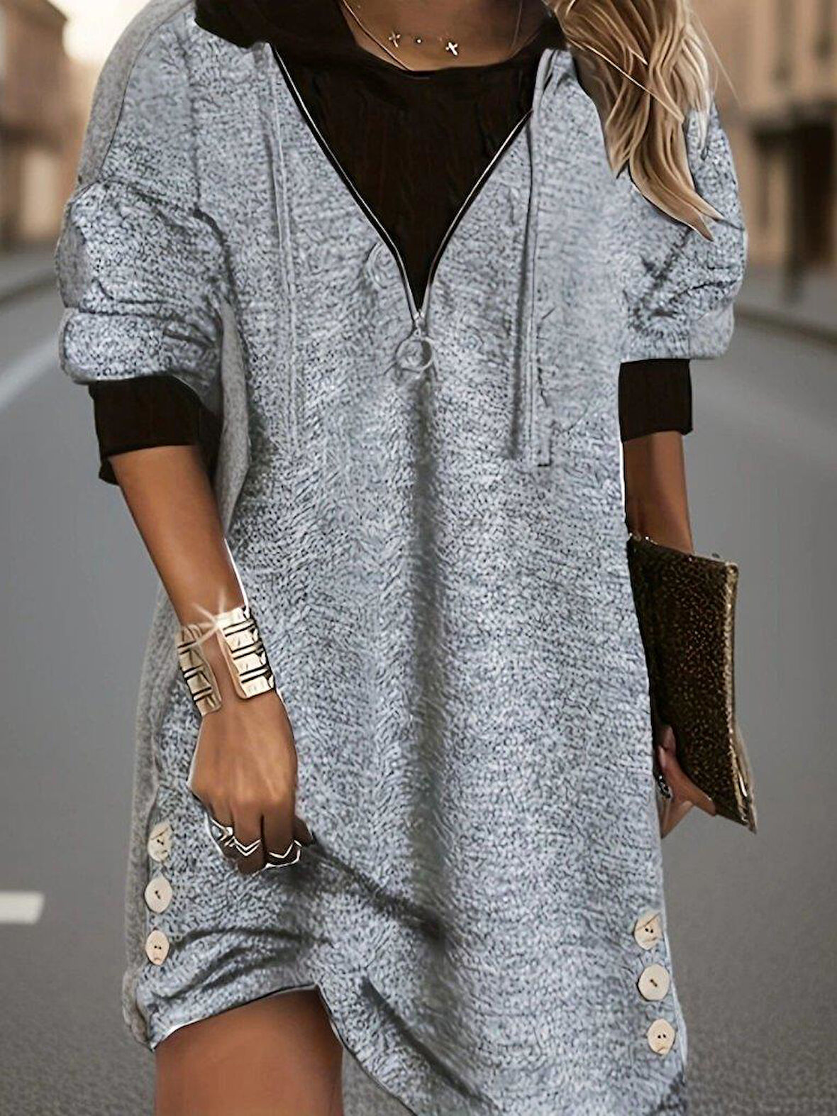 Kadın Uzun Kollu Kapşonlu önden Fermuarlı Düğmeli Mini Iki Iplik Elbise