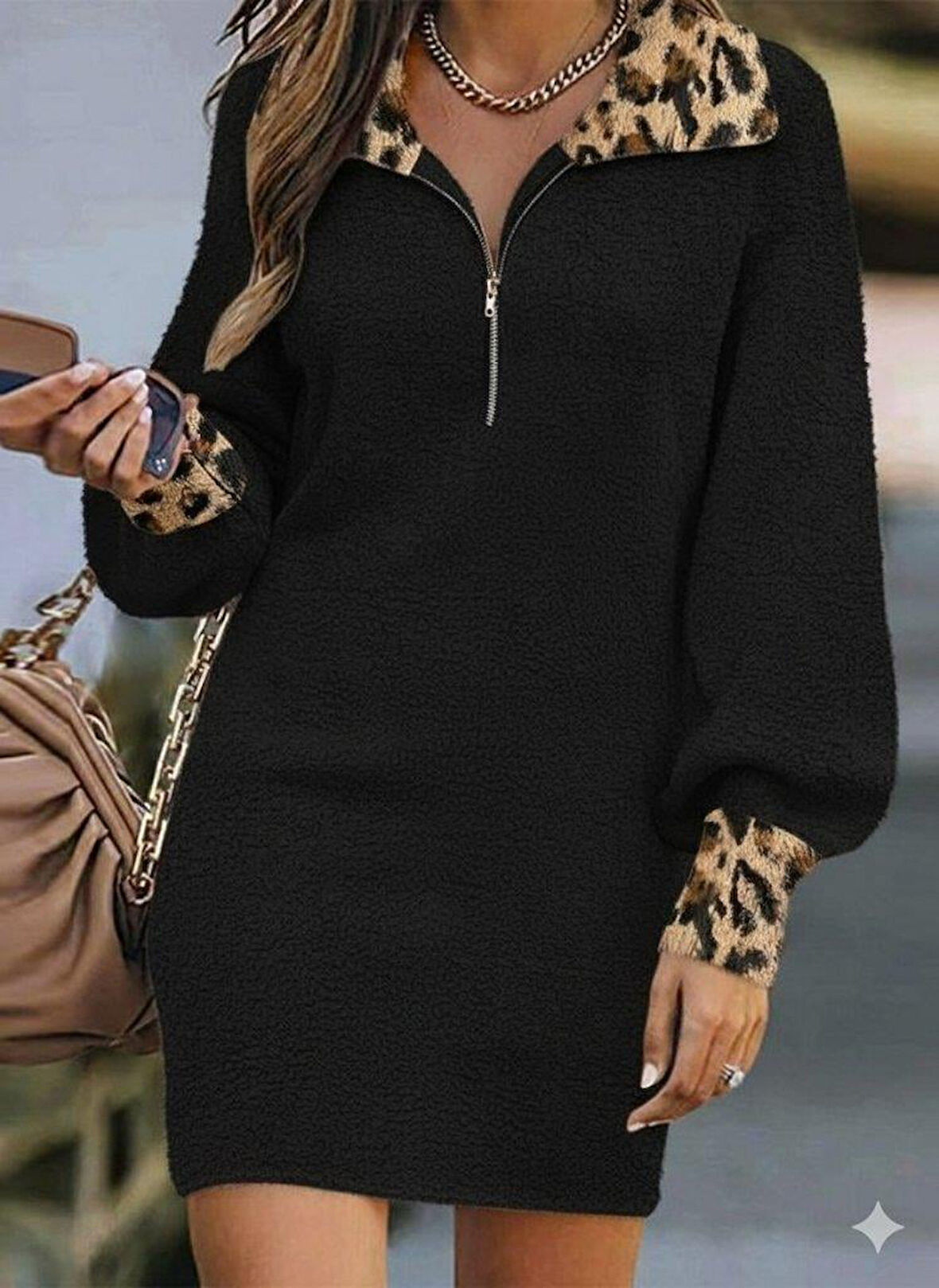 Kadın Uzun Kollu Yakalı önden Fermuarlı Leopar Detaylı Mini Peluş Elbise